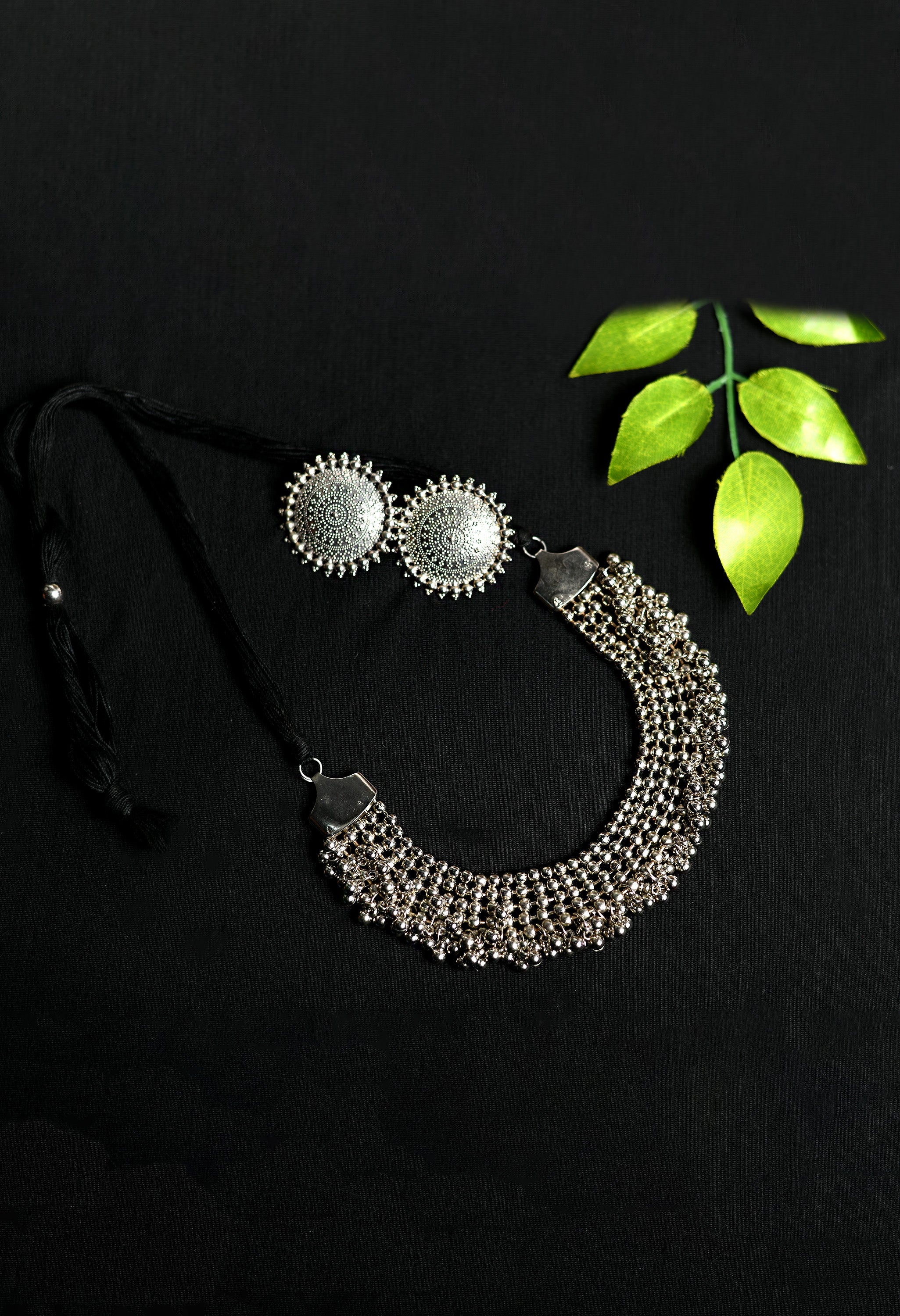 Women's Oxideised Nacklance And Earrings With Ghungru Style  - Tehzeeb