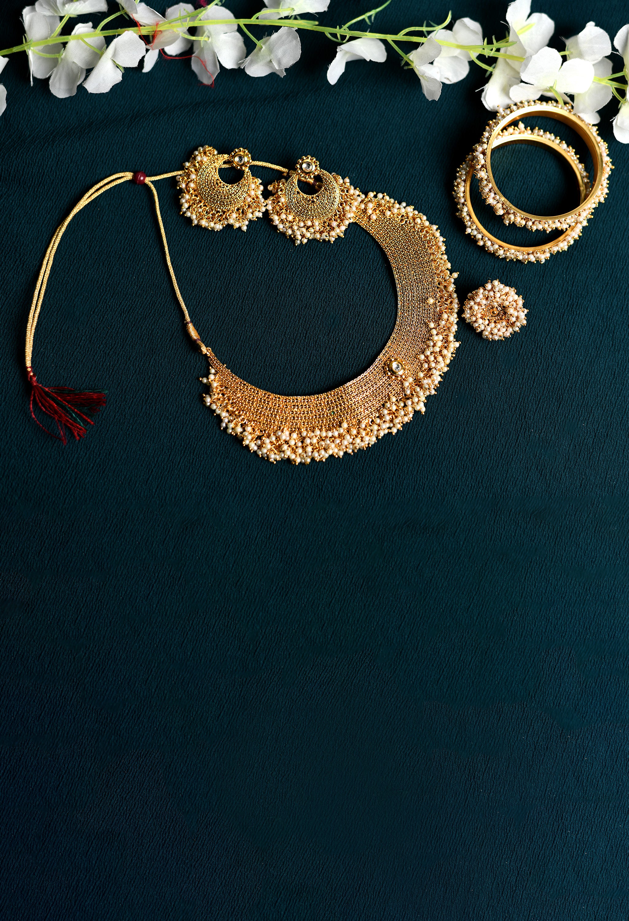 Women's Polki Combo Set Of Necklaceearrings Ring And Bangles - Tehzeeb