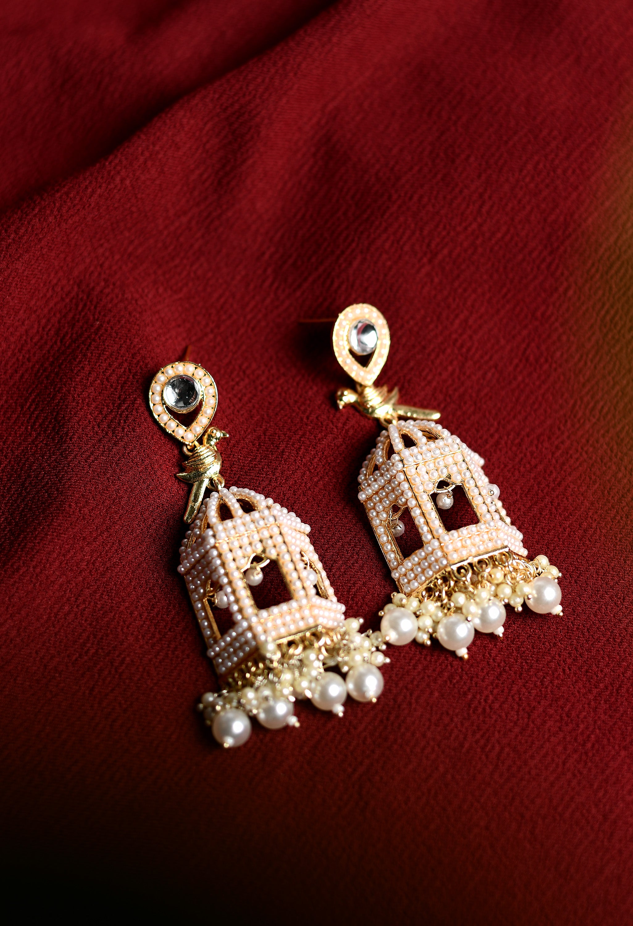 Women's Oxidised Earrings With Golden Pearl And Bird Design - Tehzeeb
