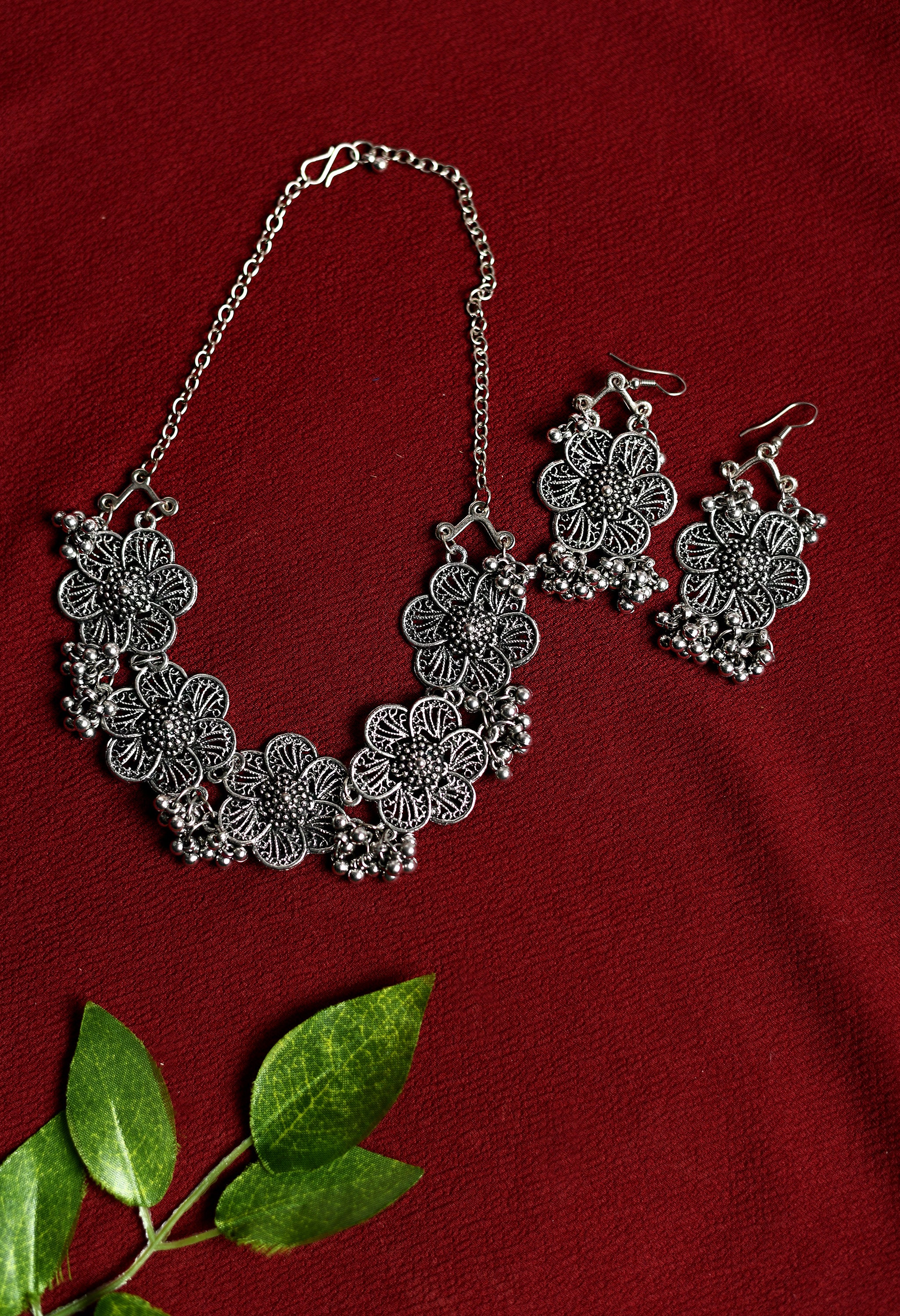 Women's Oxidised Silver Colour Necklaceand Earrings  - Tehzeeb