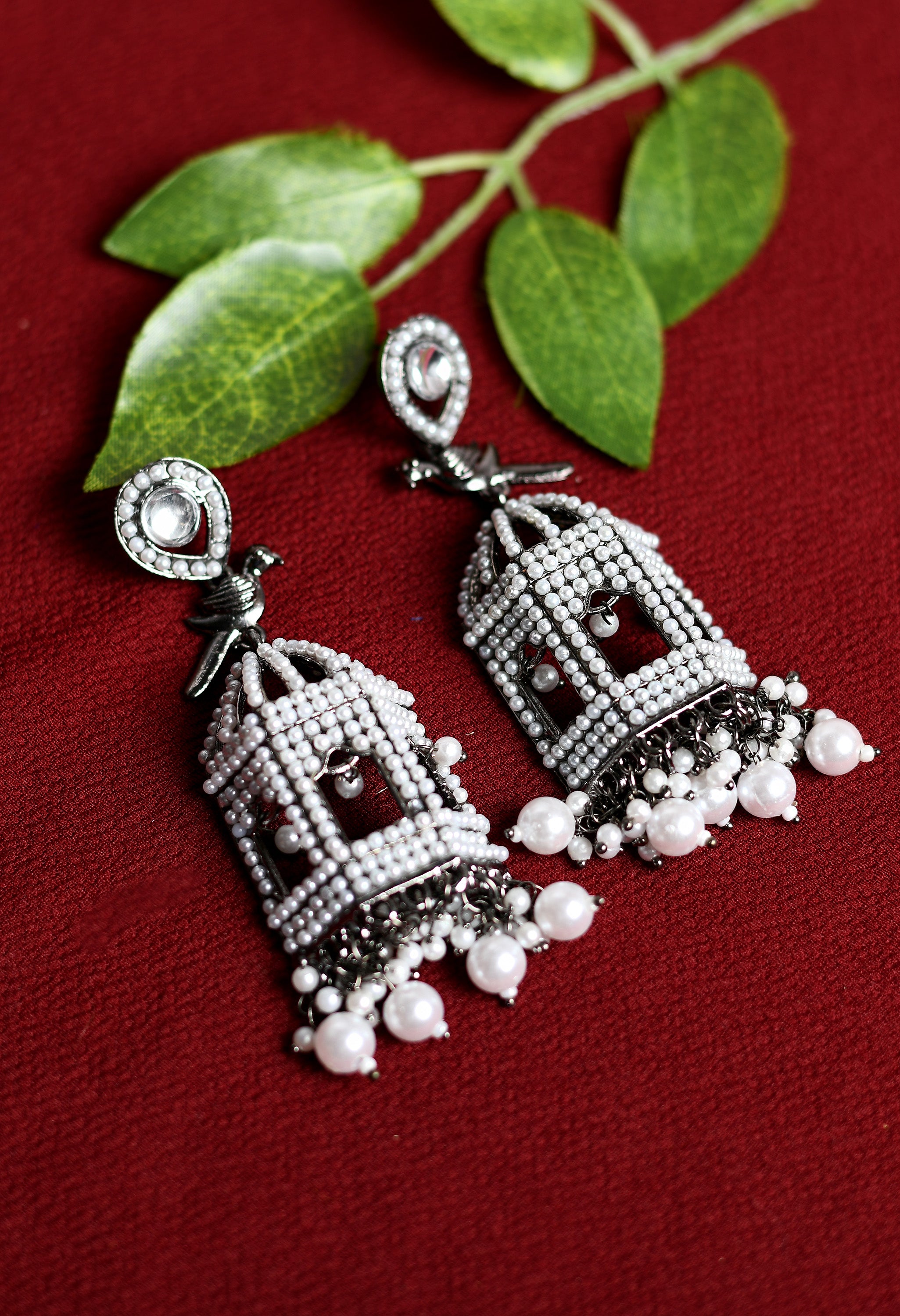Women's Oxidised Earrings With White Pearl And Bird Design - Tehzeeb