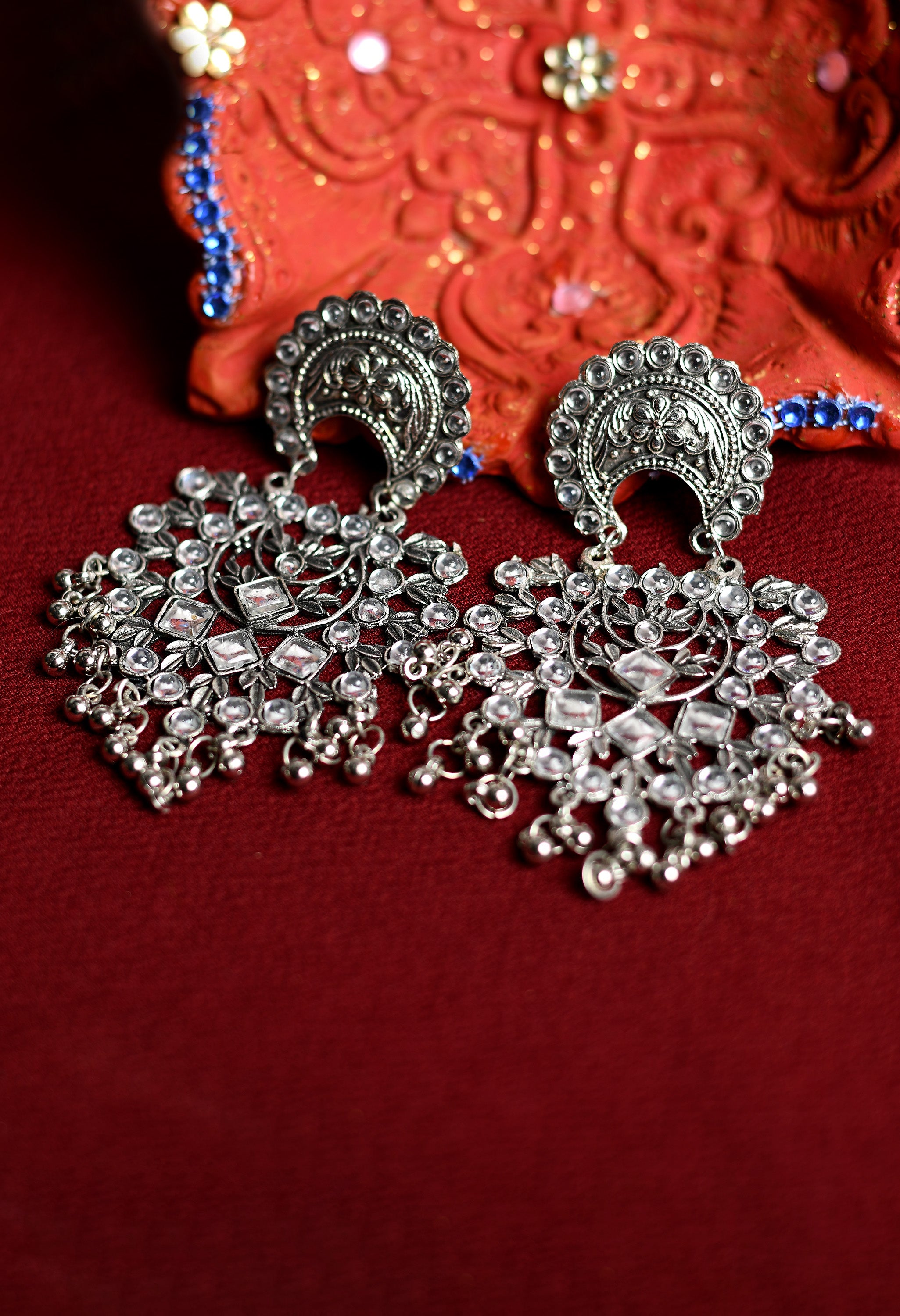 Women's Oxidised Earrings With Kundan And Ghunghru - Tehzeeb