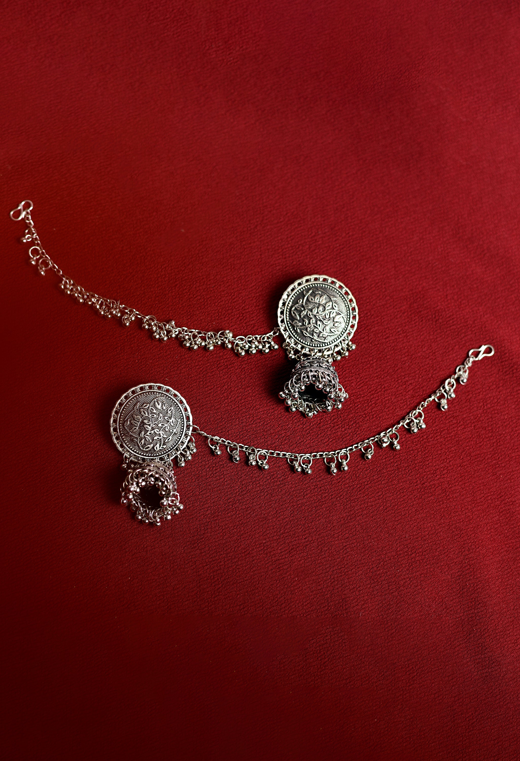 Women's Silver Colour Earrings With Chain And Jhumki Style - Tehzeeb