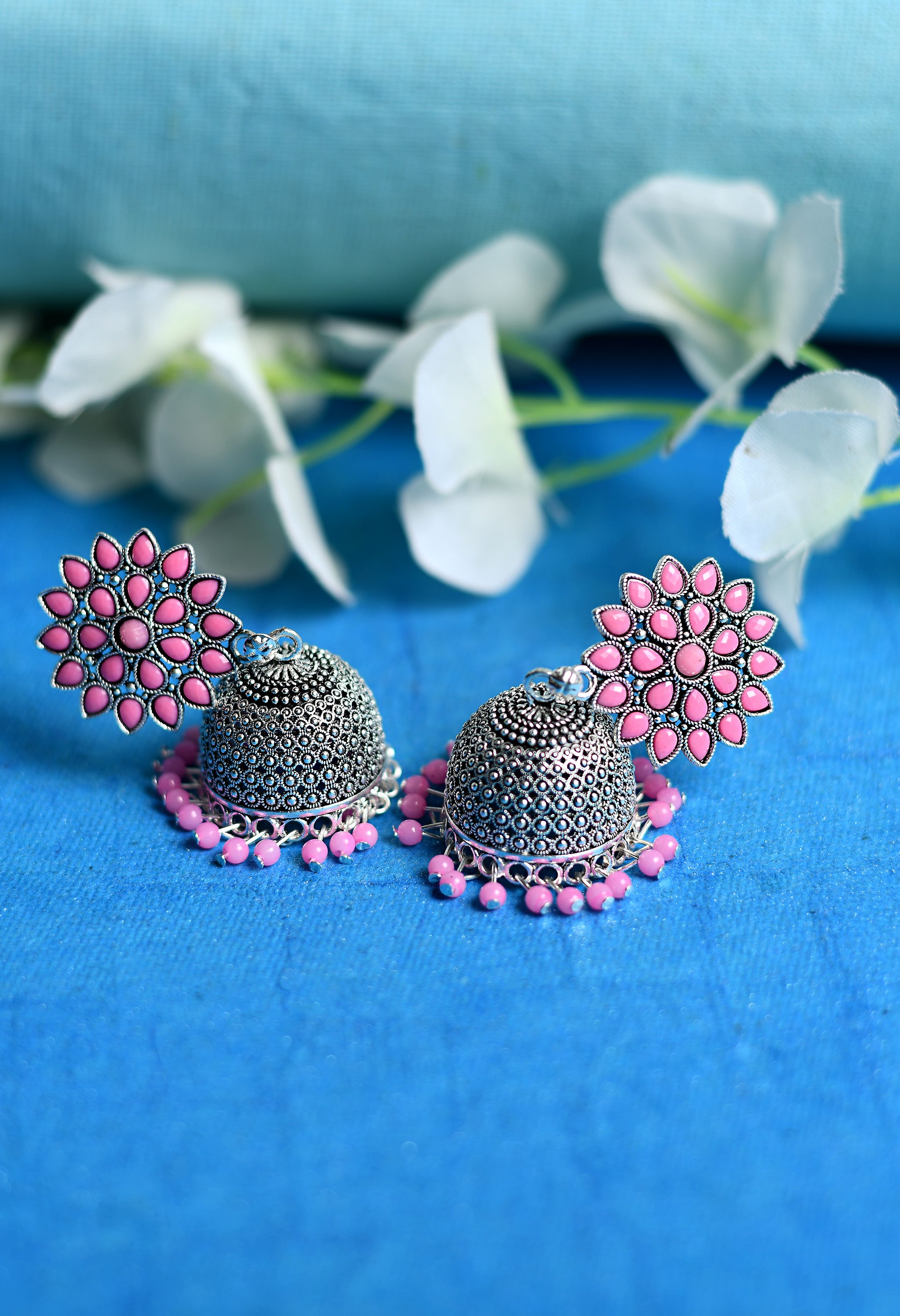 Women's Silver Colour Earrings With Pink Pearl - Tehzeeb