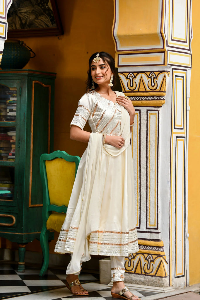 Women's Anarkali White Suit- 3Pc Set
