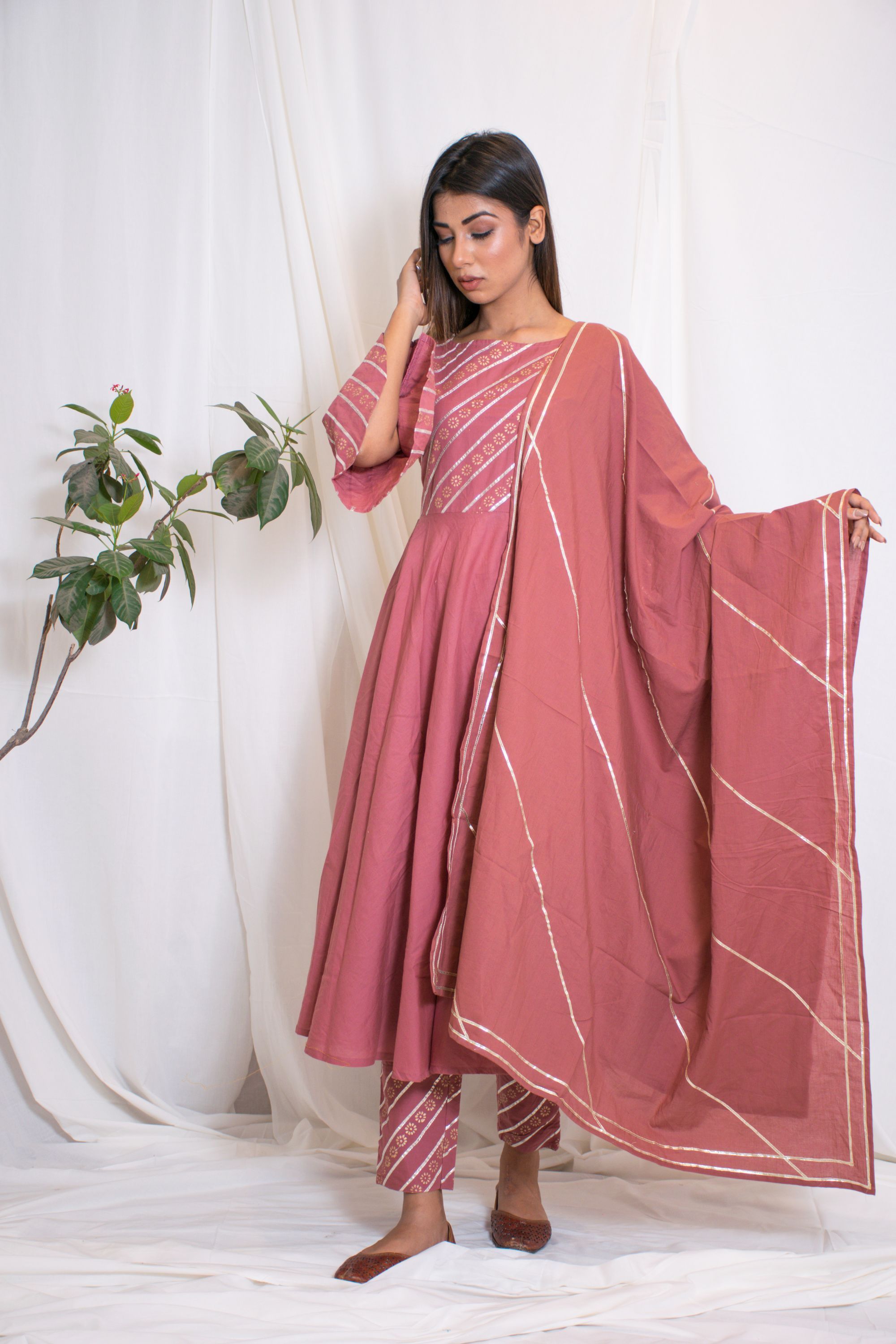 Women's Mauve Anarkali Suit Set (3Pc Set) - Saras The Label