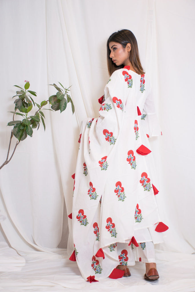 Women's White Block Printed Anarkali Suit Set (3 Pc Set)