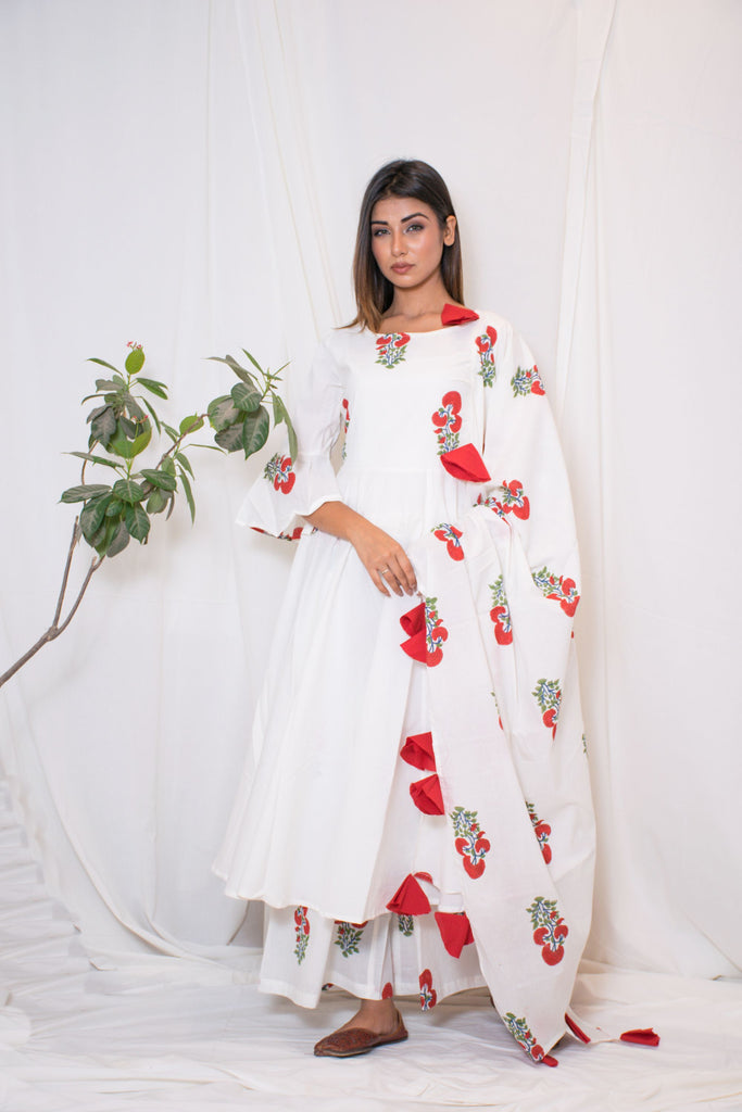 Women's White Block Printed Anarkali Suit Set (3 Pc Set)