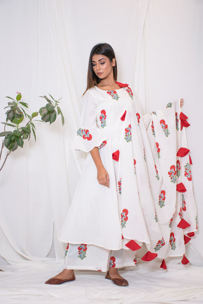 Women's White Block Printed Anarkali Suit Set (3 Pc Set)
