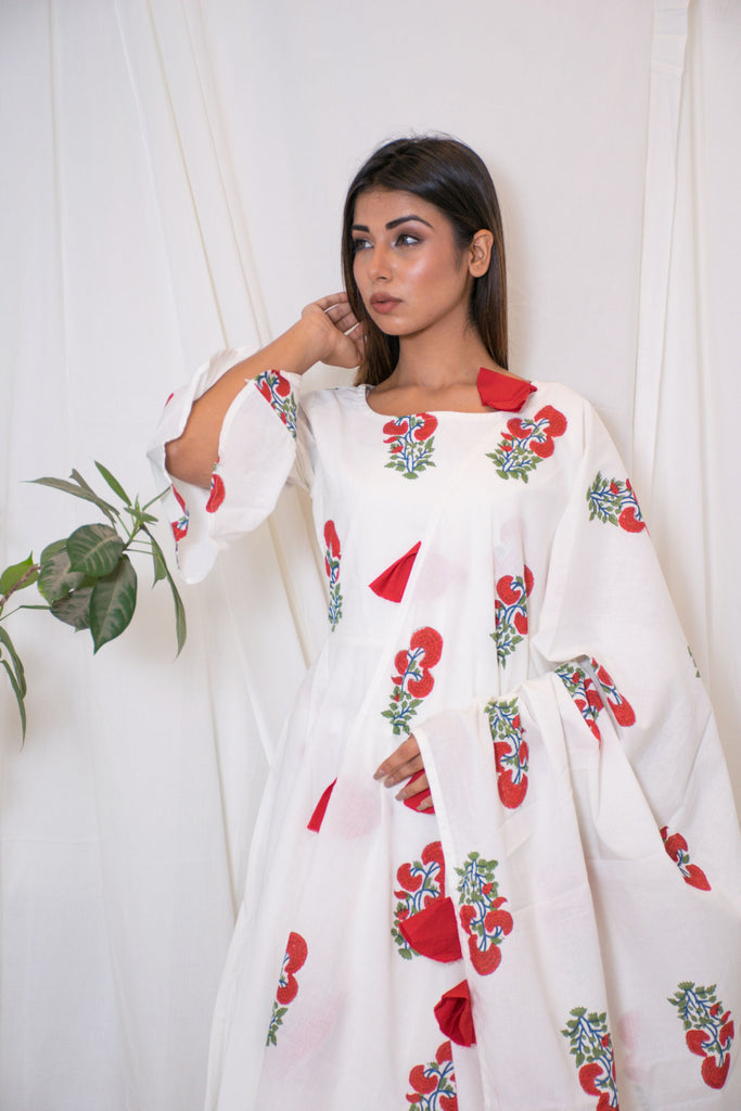 Women's White Block Printed Anarkali Suit Set (3 Pc Set)