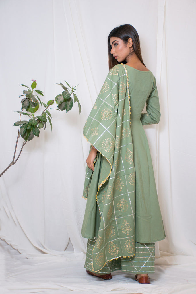 Women's Green Anarkali Suit Set With Palazzo & Dupatta (3Pc Set)