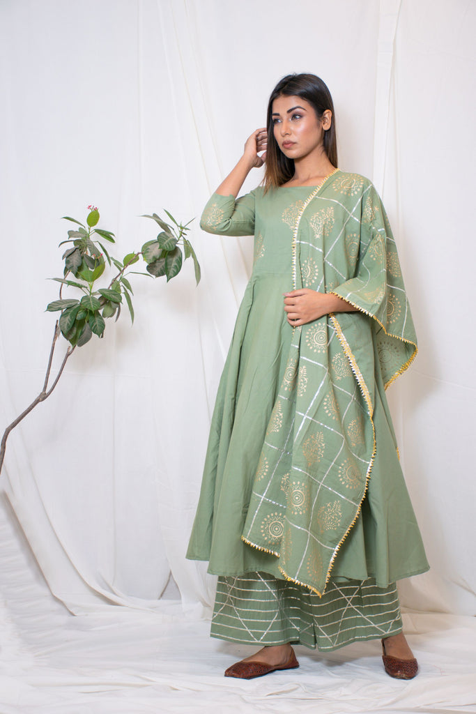 Women's Green Anarkali Suit Set With Palazzo & Dupatta (3Pc Set)