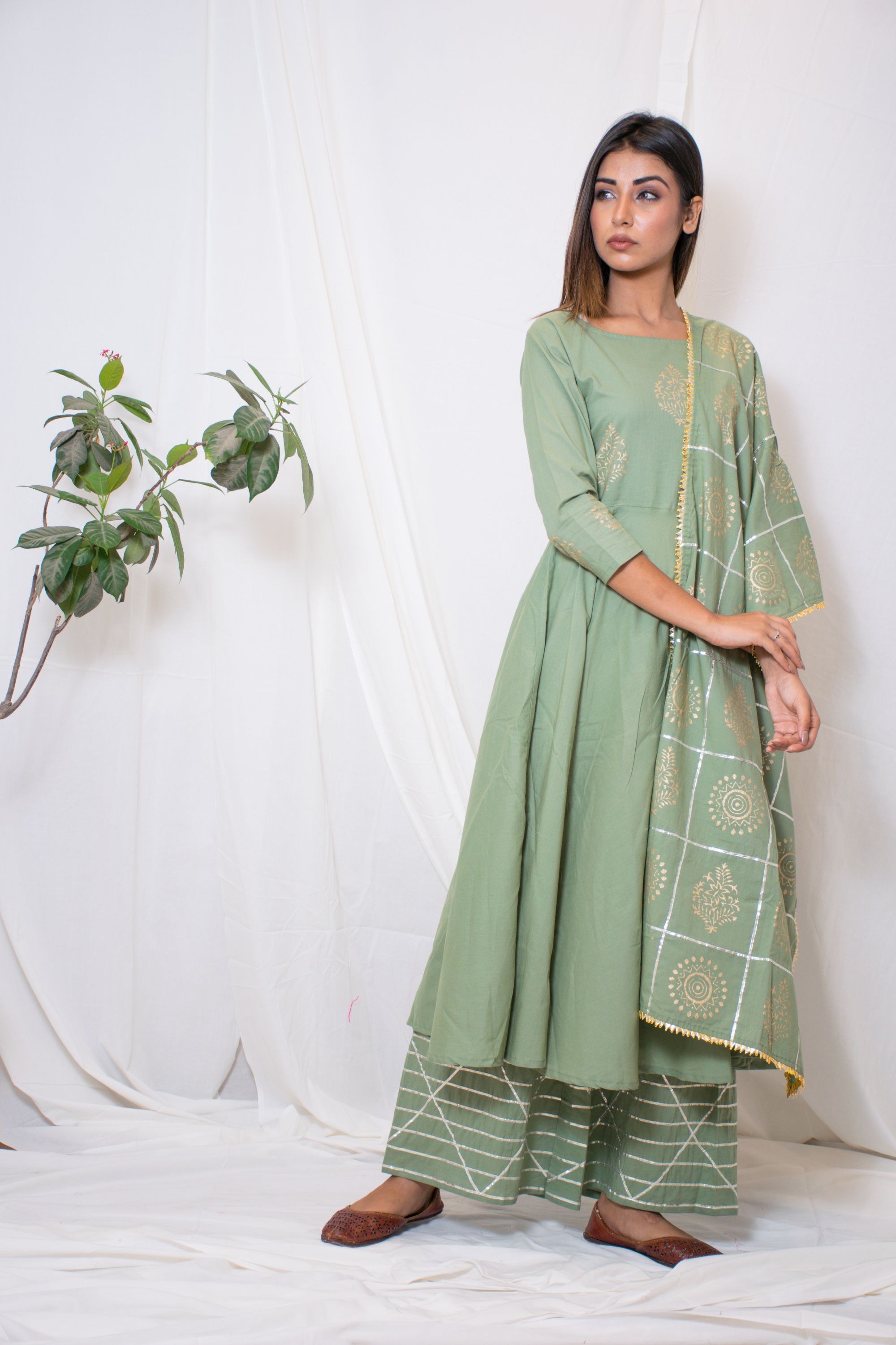 Women's Green Anarkali Suit Set With Palazzo & Dupatta (3Pc Set) - Saras The Label