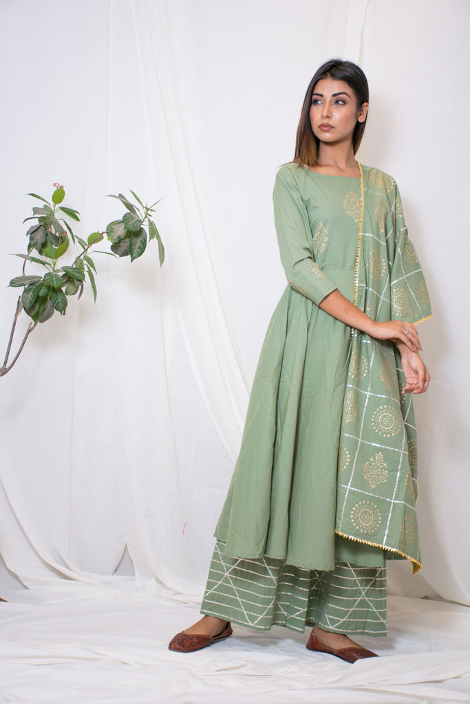 Women's Green Anarkali Suit Set With Palazzo & Dupatta (3Pc Set)