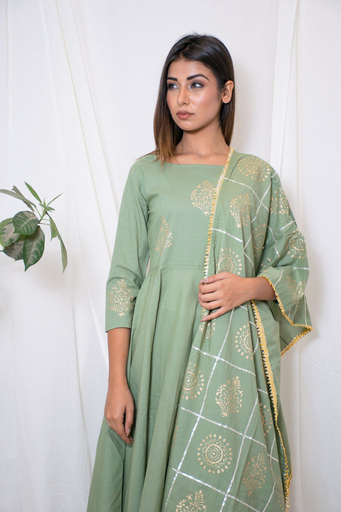 Women's Green Anarkali Suit Set With Palazzo & Dupatta (3Pc Set)