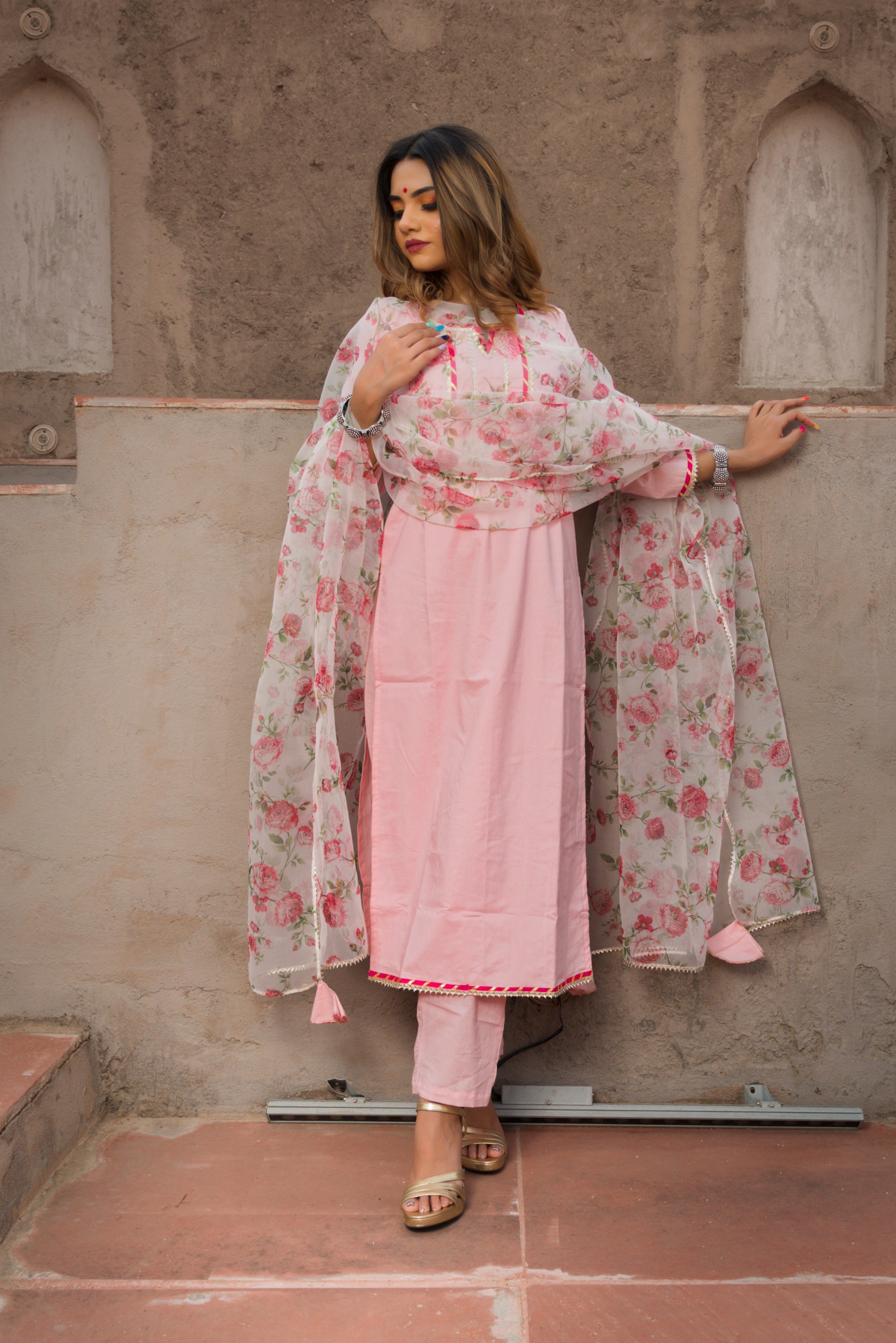 Women's mosami pink suit with organza dupatta - Pomcha Jaipur