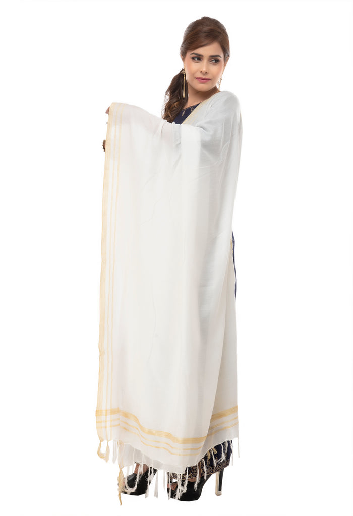 Women's White Color Golden Border Cotton Dupatta