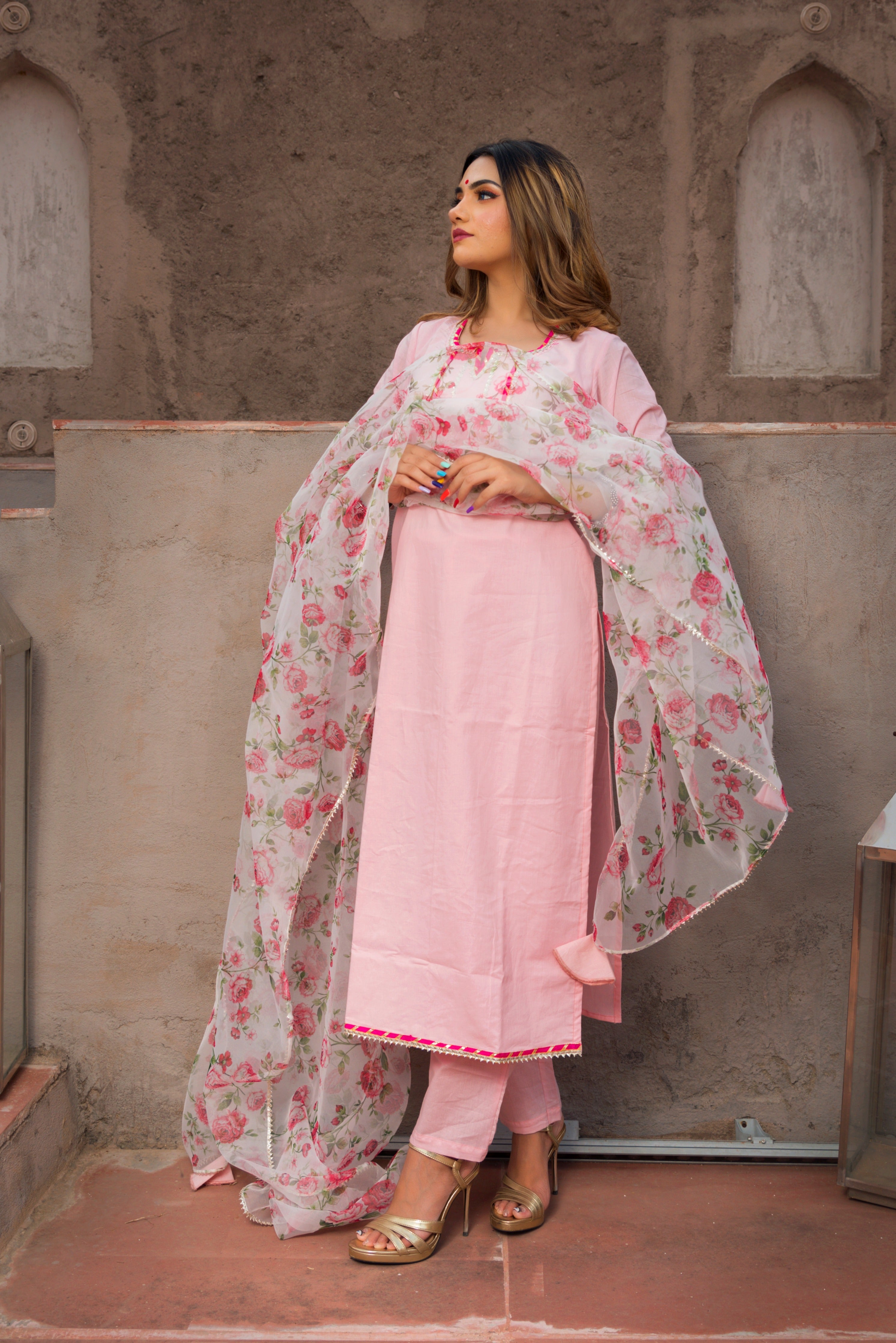 Women's mosami pink suit with organza dupatta - Pomcha Jaipur