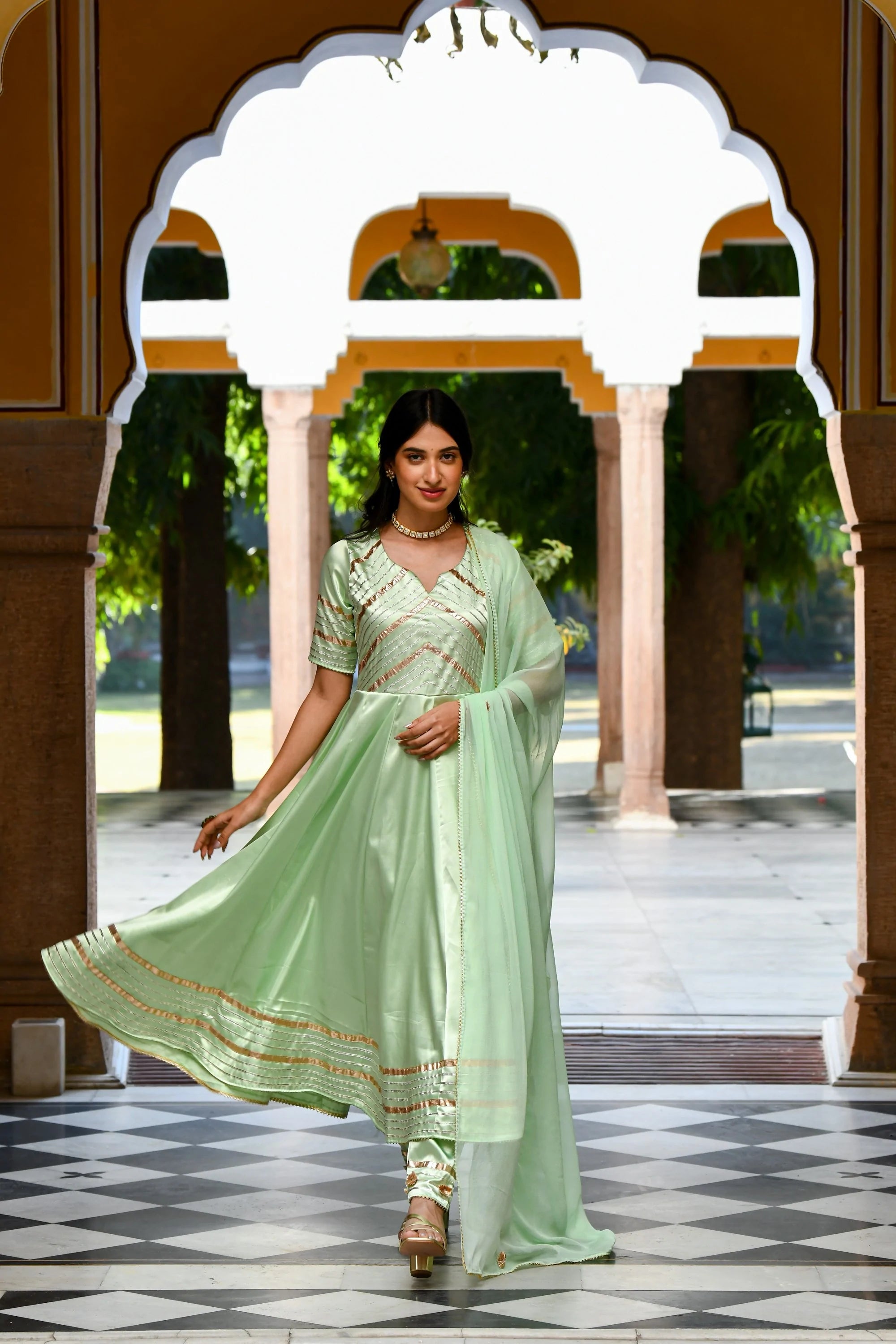 Women's Pista Green Anarkali Suit Set- 3Pc Set - Saras The Label