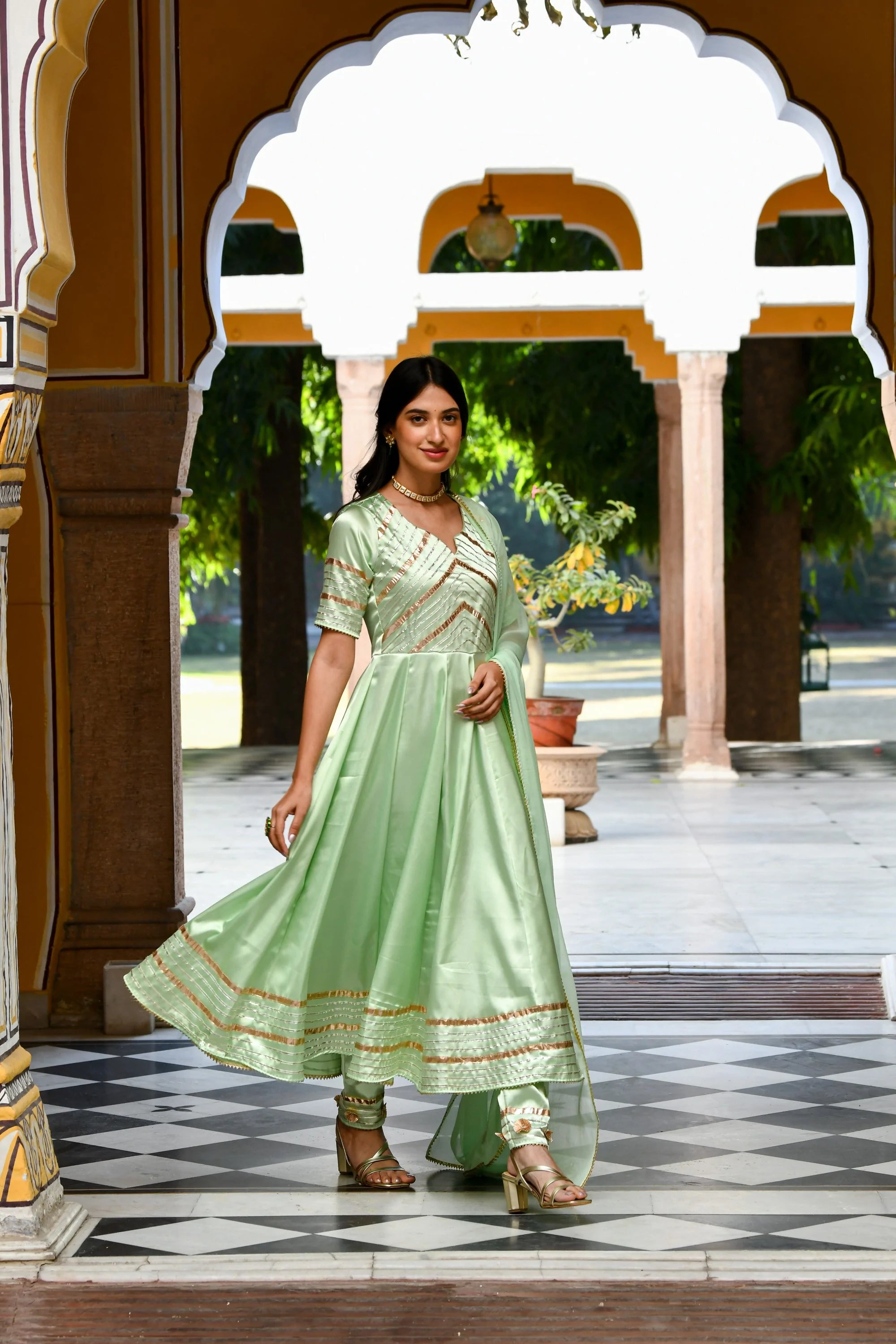 Women's Pista Green Anarkali Suit Set- 3Pc Set - Saras The Label