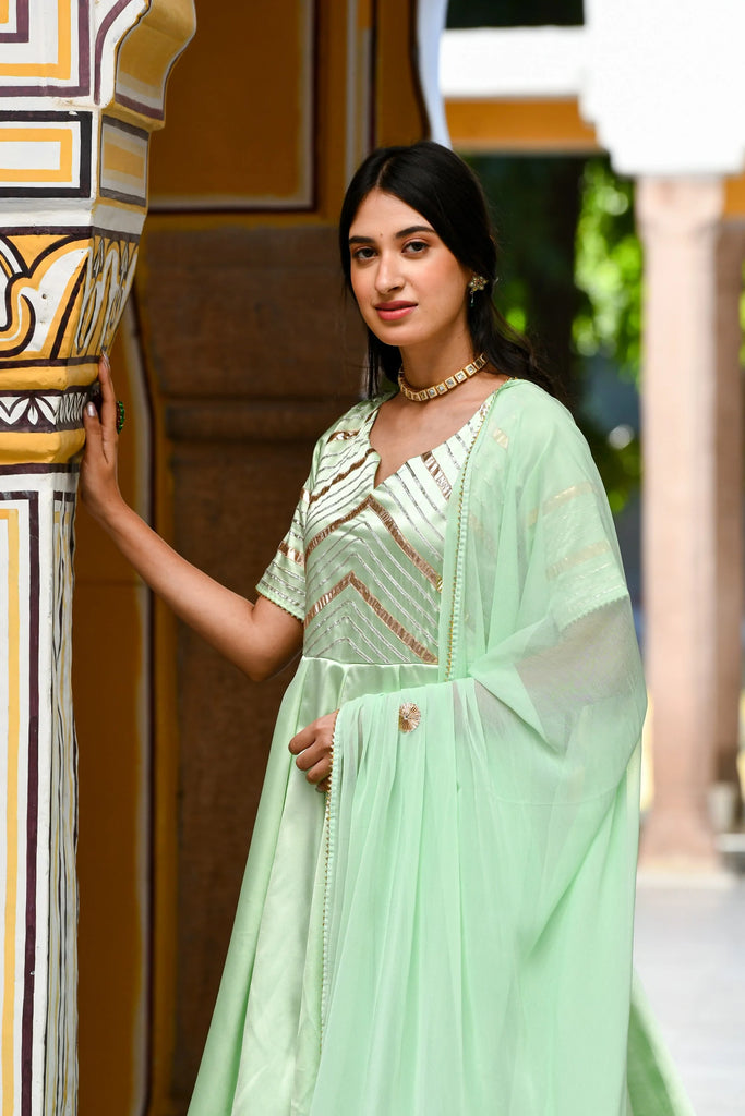 Women's Pista Green Anarkali Suit Set- 3Pc Set