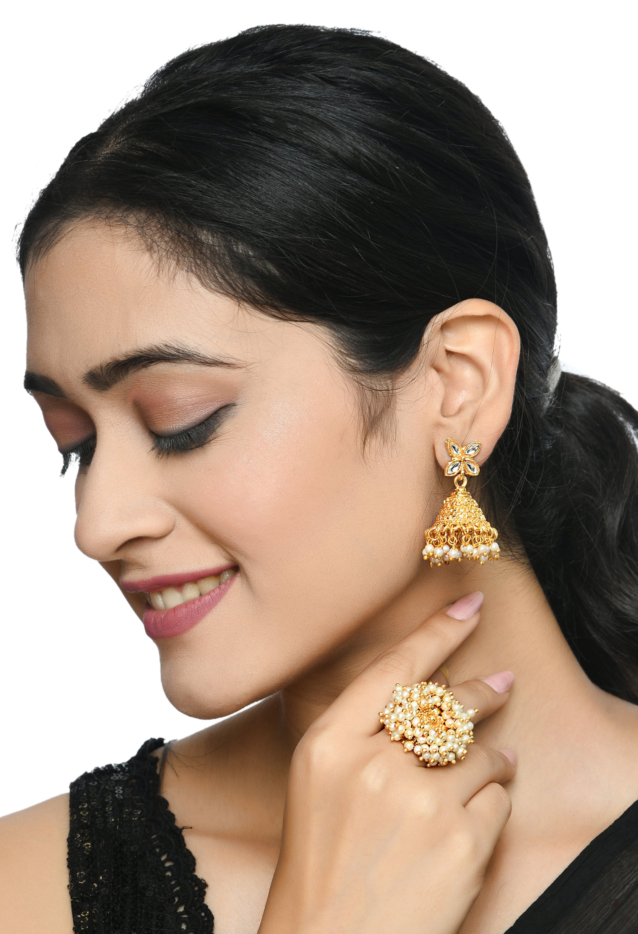 Women's Gold-Plated With Pearls Ring - Kamal Johar