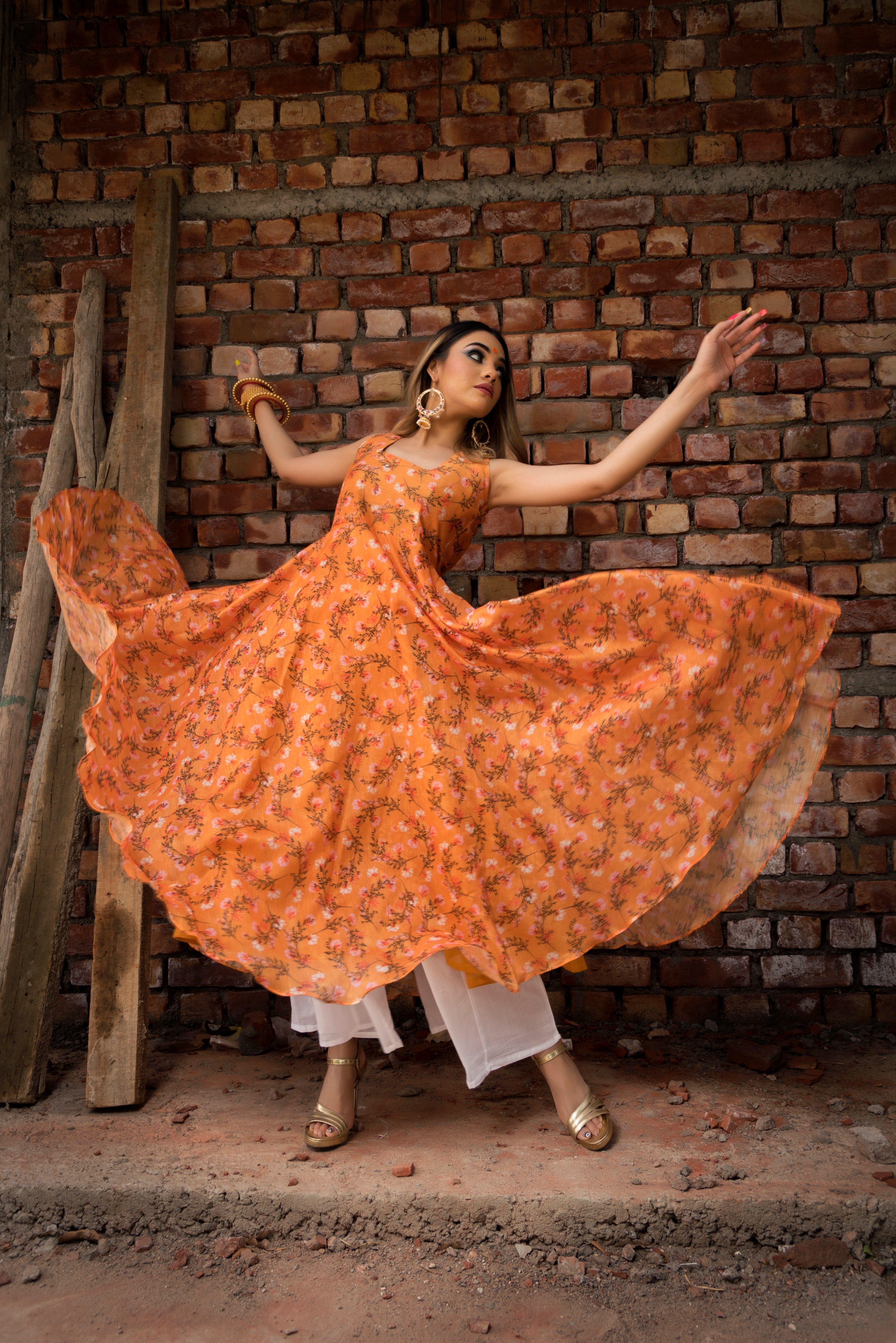 Women's orange printed modal anrakali set - Pomcha Jaipur