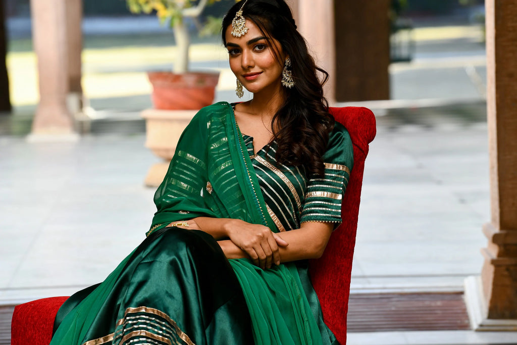 Women's Bottle Green Satin Anarkali Suit- (3Pc Set)