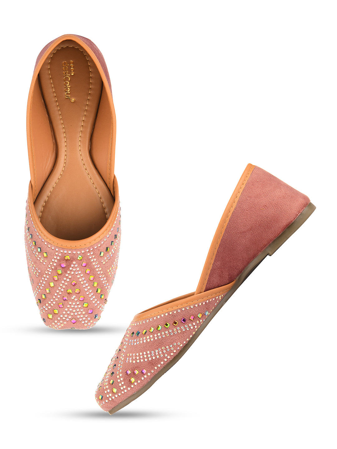 Women's Peach Handcrafted Stone Work  Indian Ethnic Comfort Footwear - Desi Colour