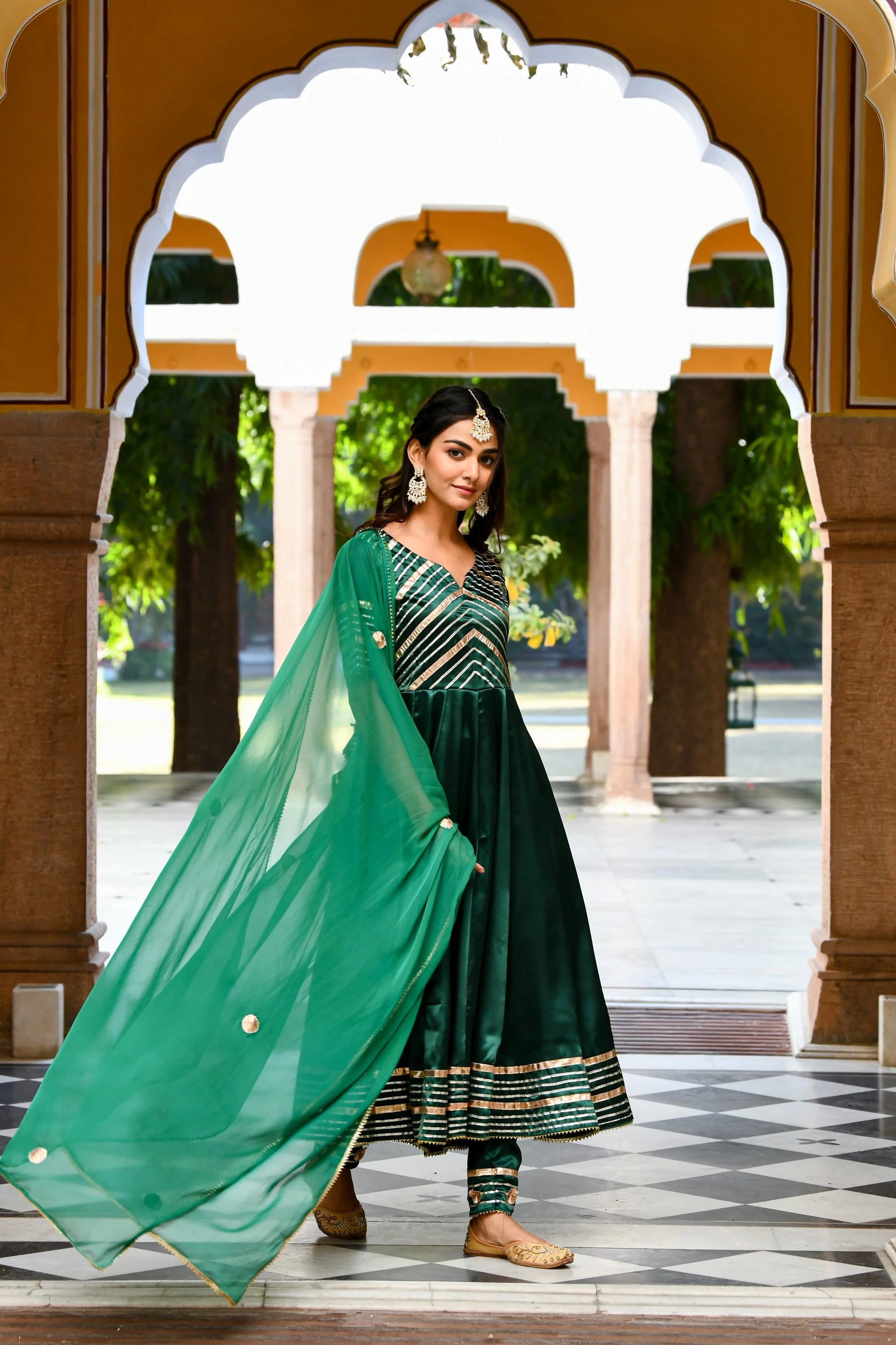 Women's Bottle Green Satin Anarkali Suit- (3Pc Set) - Saras The Label