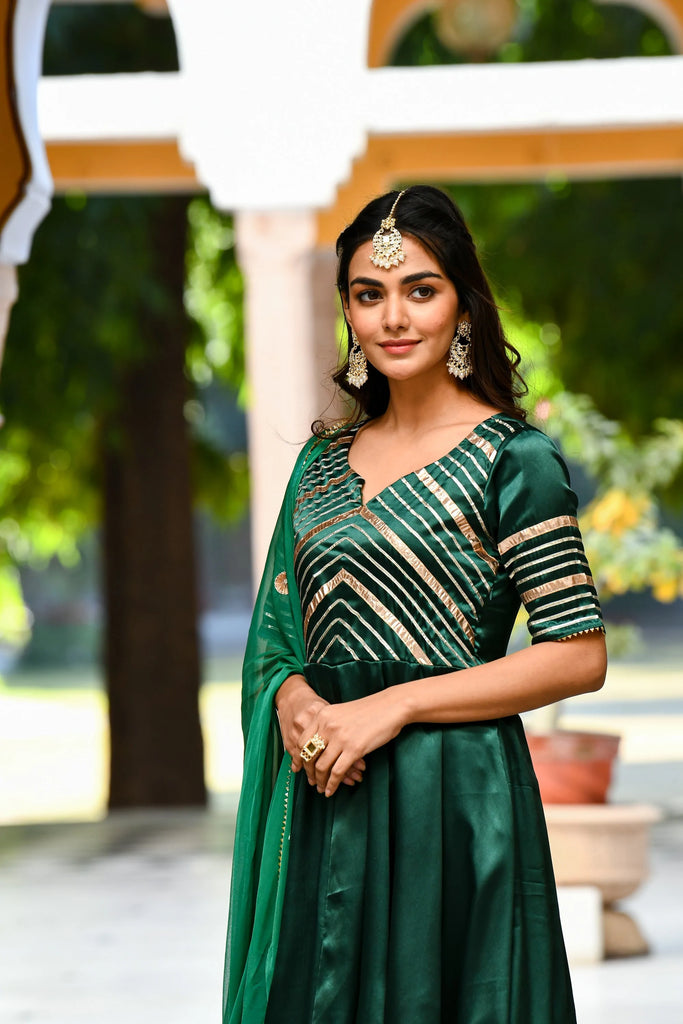 Women's Bottle Green Satin Anarkali Suit- (3Pc Set)