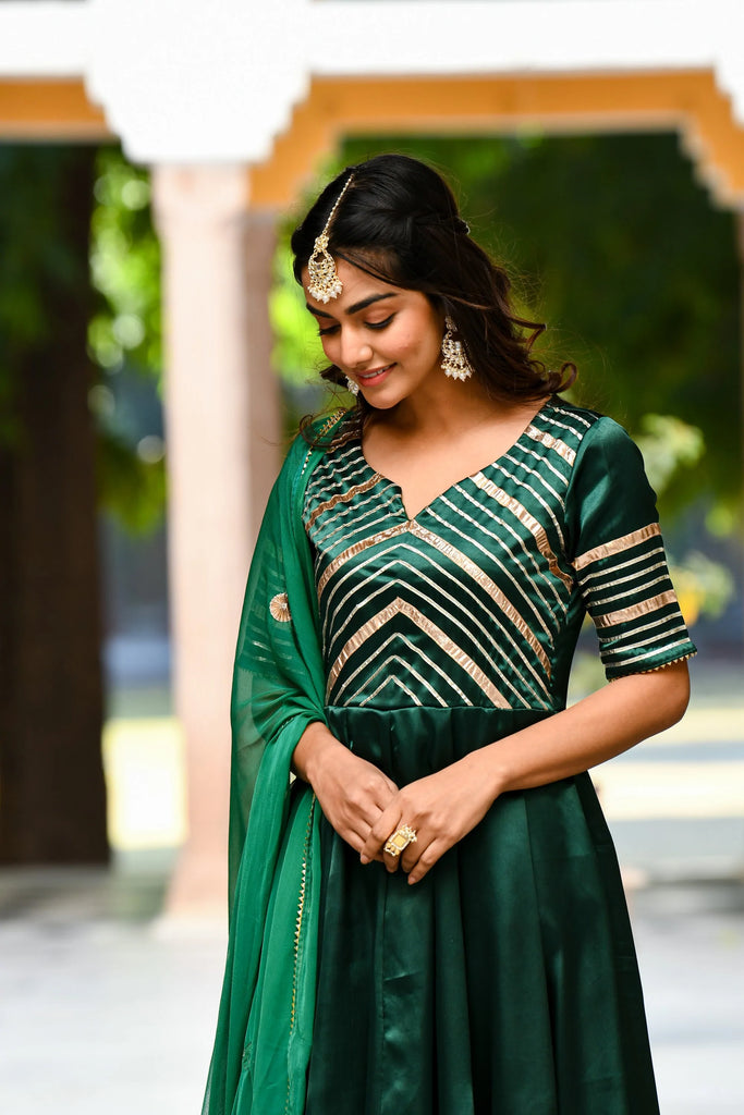 Women's Bottle Green Satin Anarkali Suit- (3Pc Set)