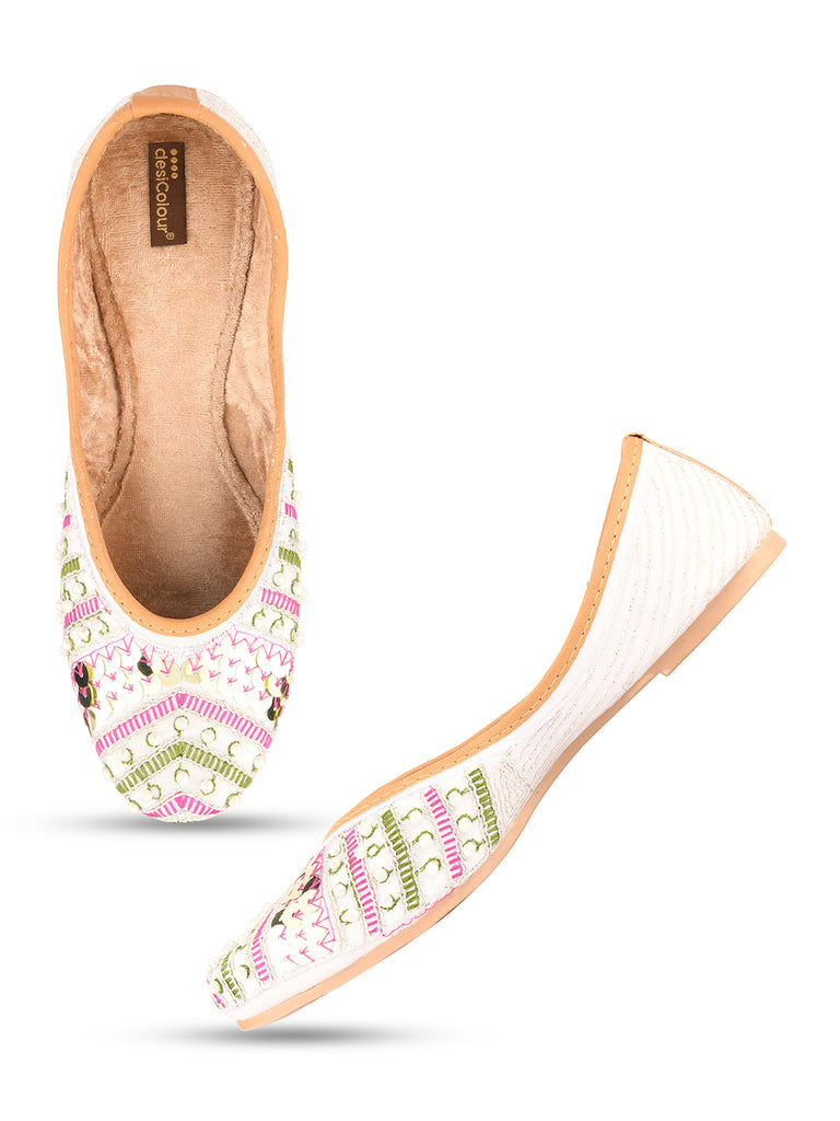 Women's White Multiline  Indian Ethnic Comfort Footwear