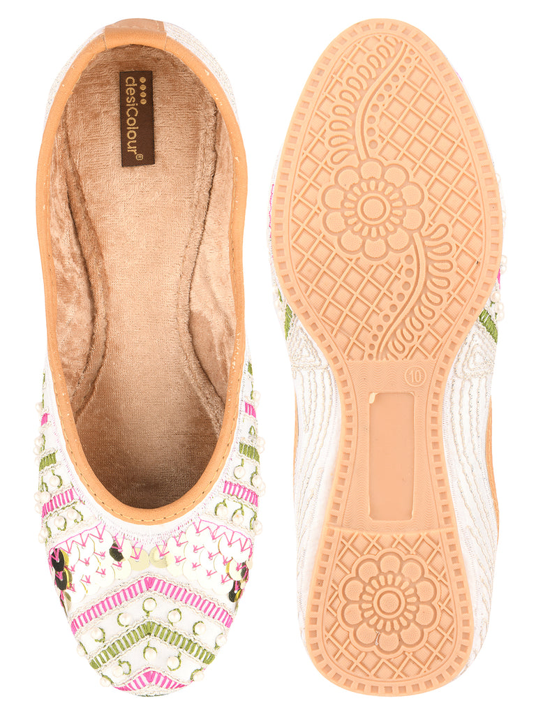 Women's White Multiline  Indian Ethnic Comfort Footwear