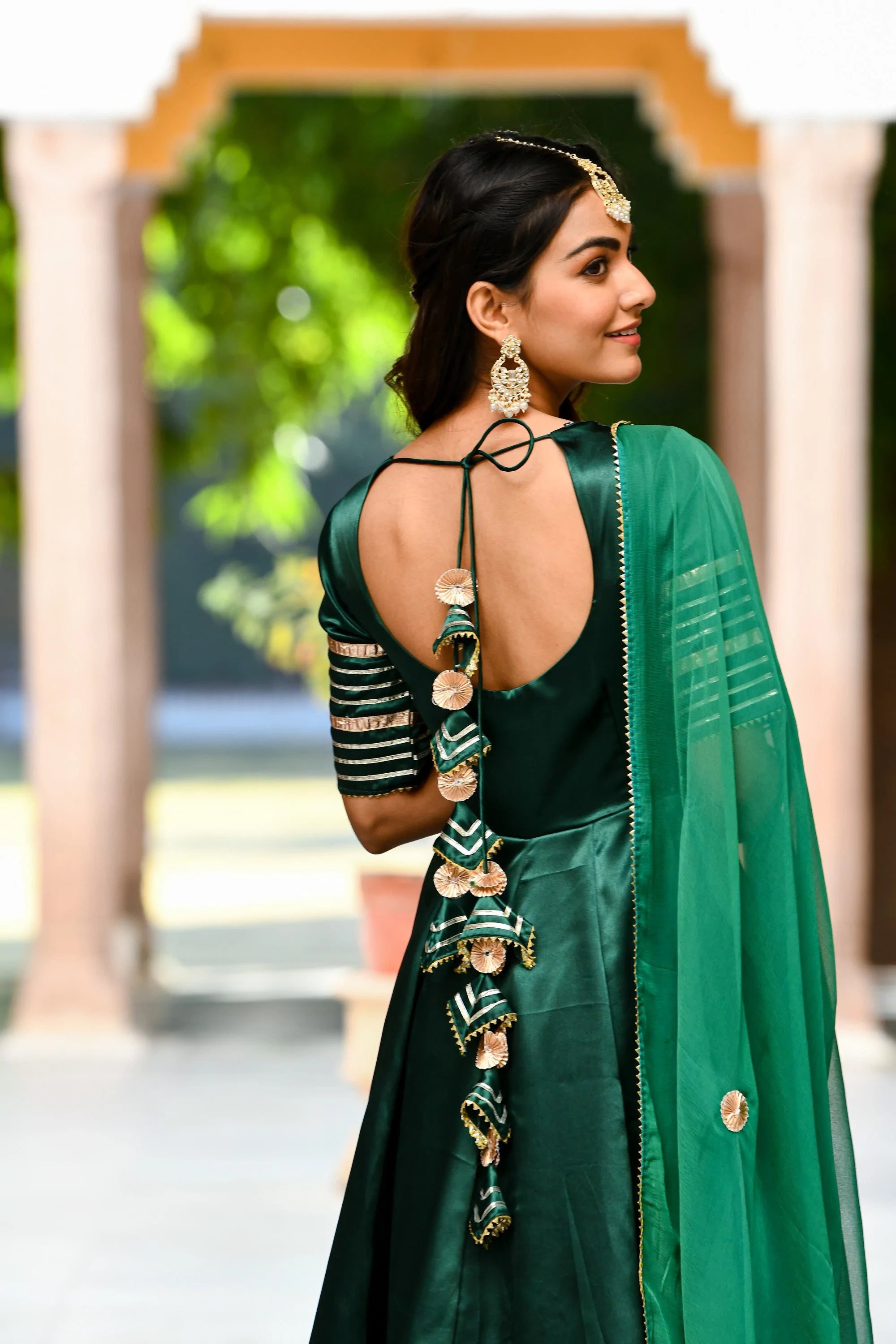 Women's Bottle Green Satin Anarkali Suit- (3Pc Set) - Saras The Label