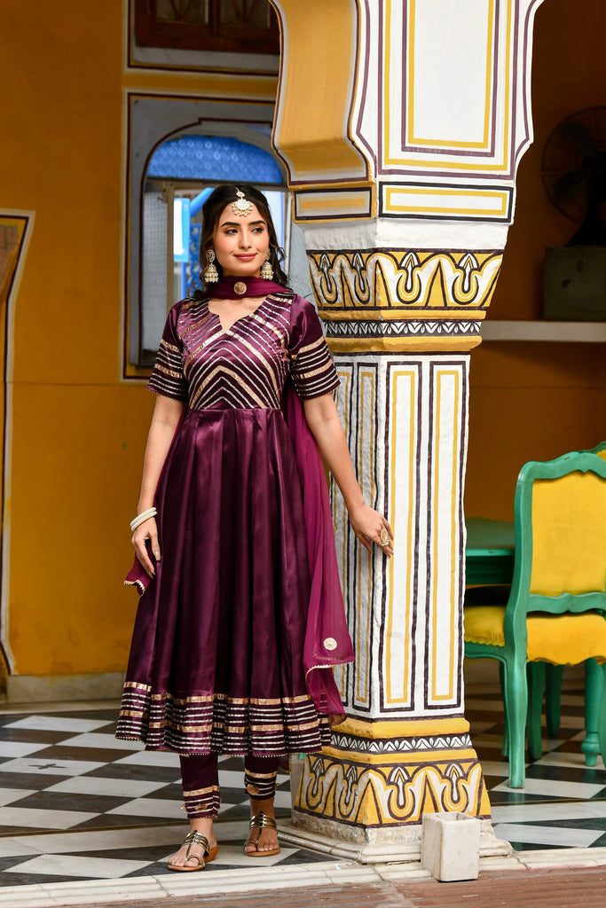 Women's Dark Purple Satin Anarkali Suit- (3Pc Set)