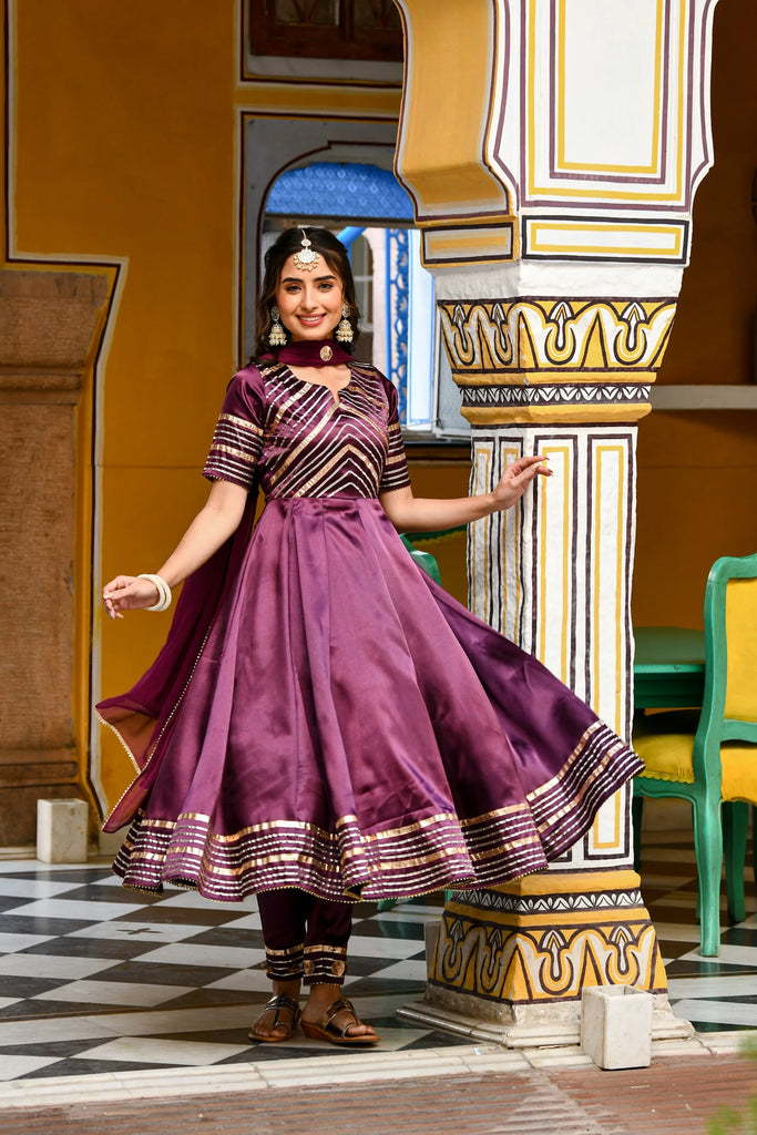 Women's Dark Purple Satin Anarkali Suit- (3Pc Set)