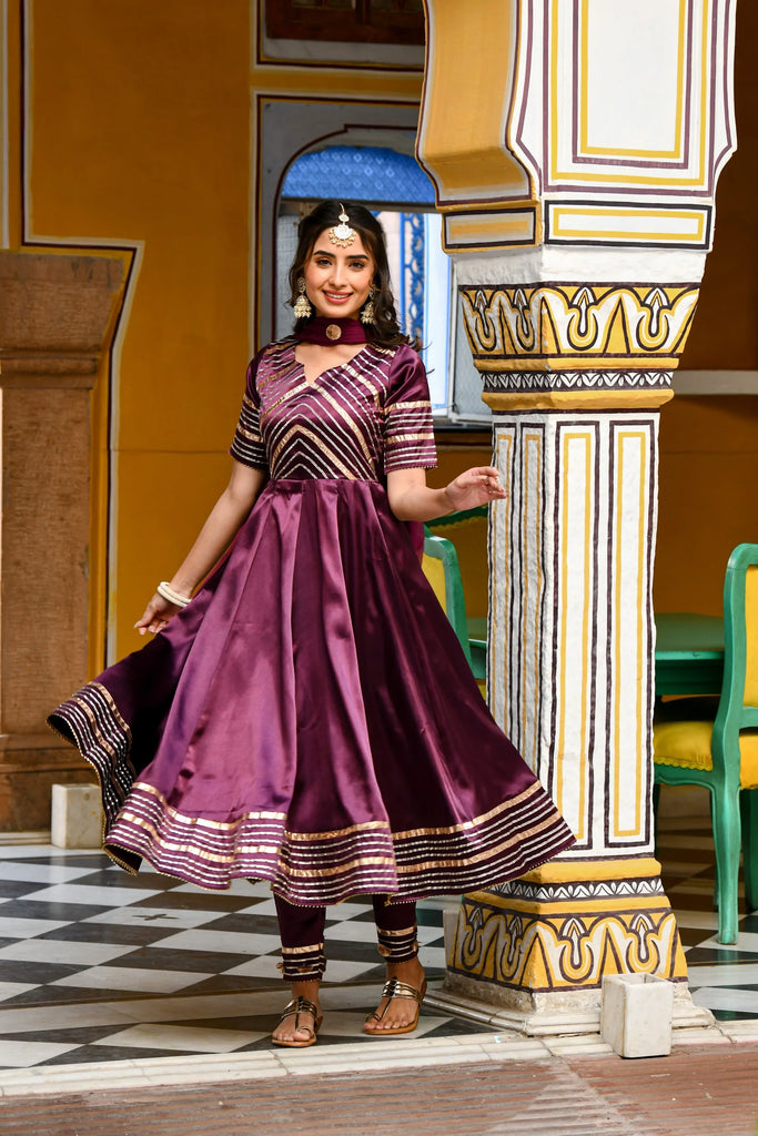 Women's Dark Purple Satin Anarkali Suit- (3Pc Set)