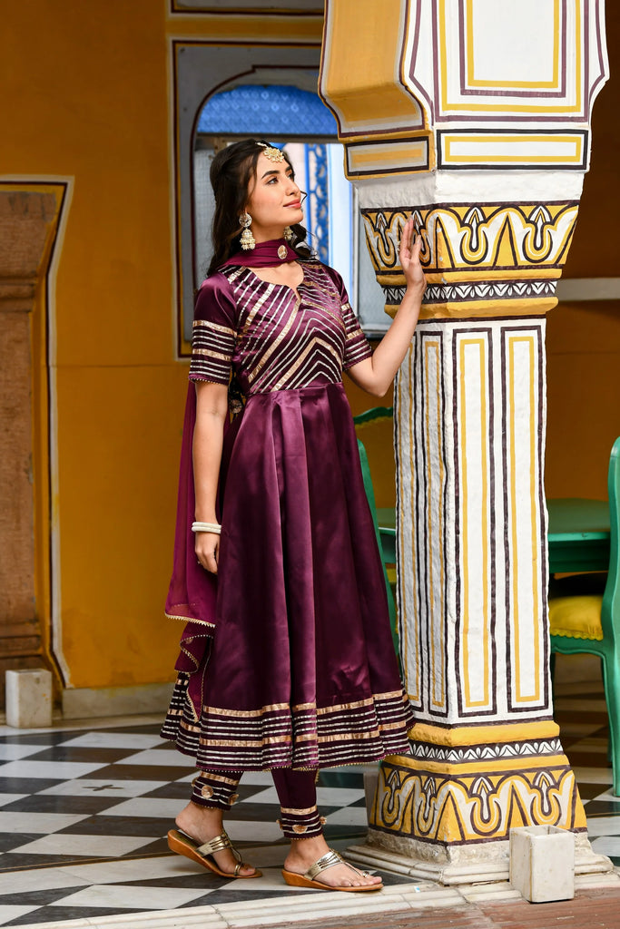 Women's Dark Purple Satin Anarkali Suit- (3Pc Set)