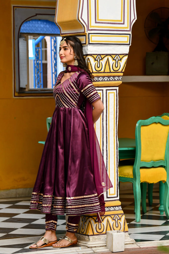Women's Dark Purple Satin Anarkali Suit- (3Pc Set)