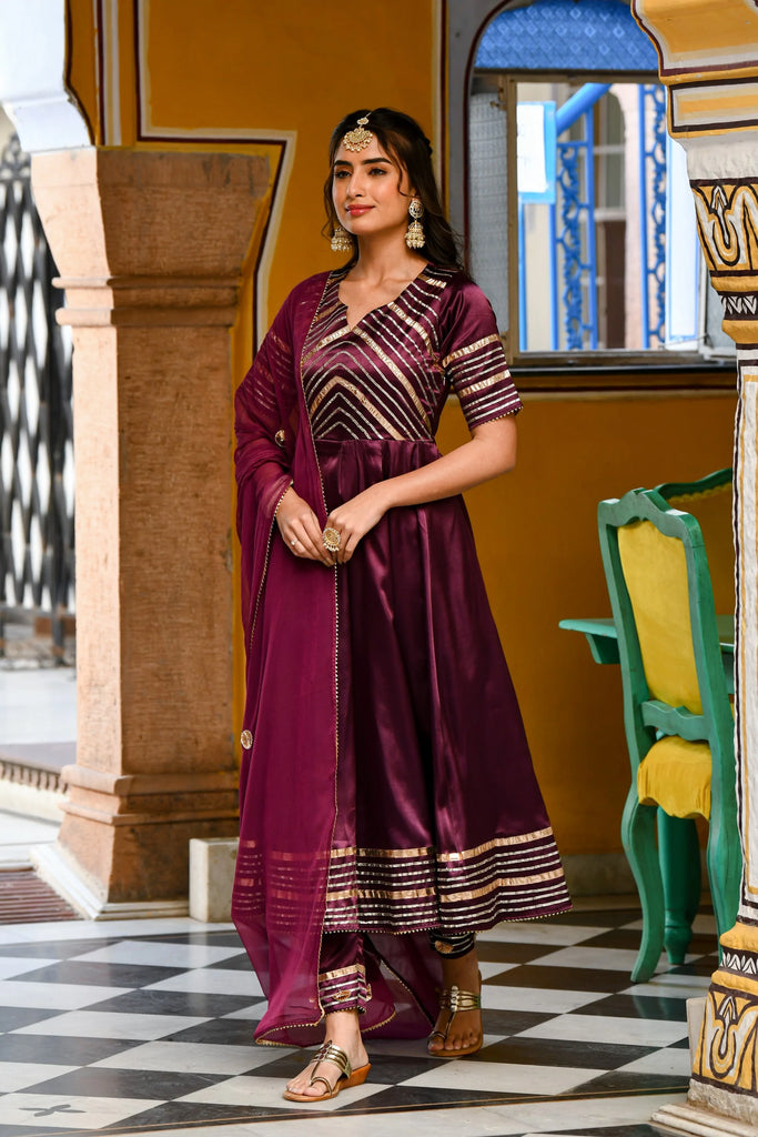 Women's Dark Purple Satin Anarkali Suit- (3Pc Set)