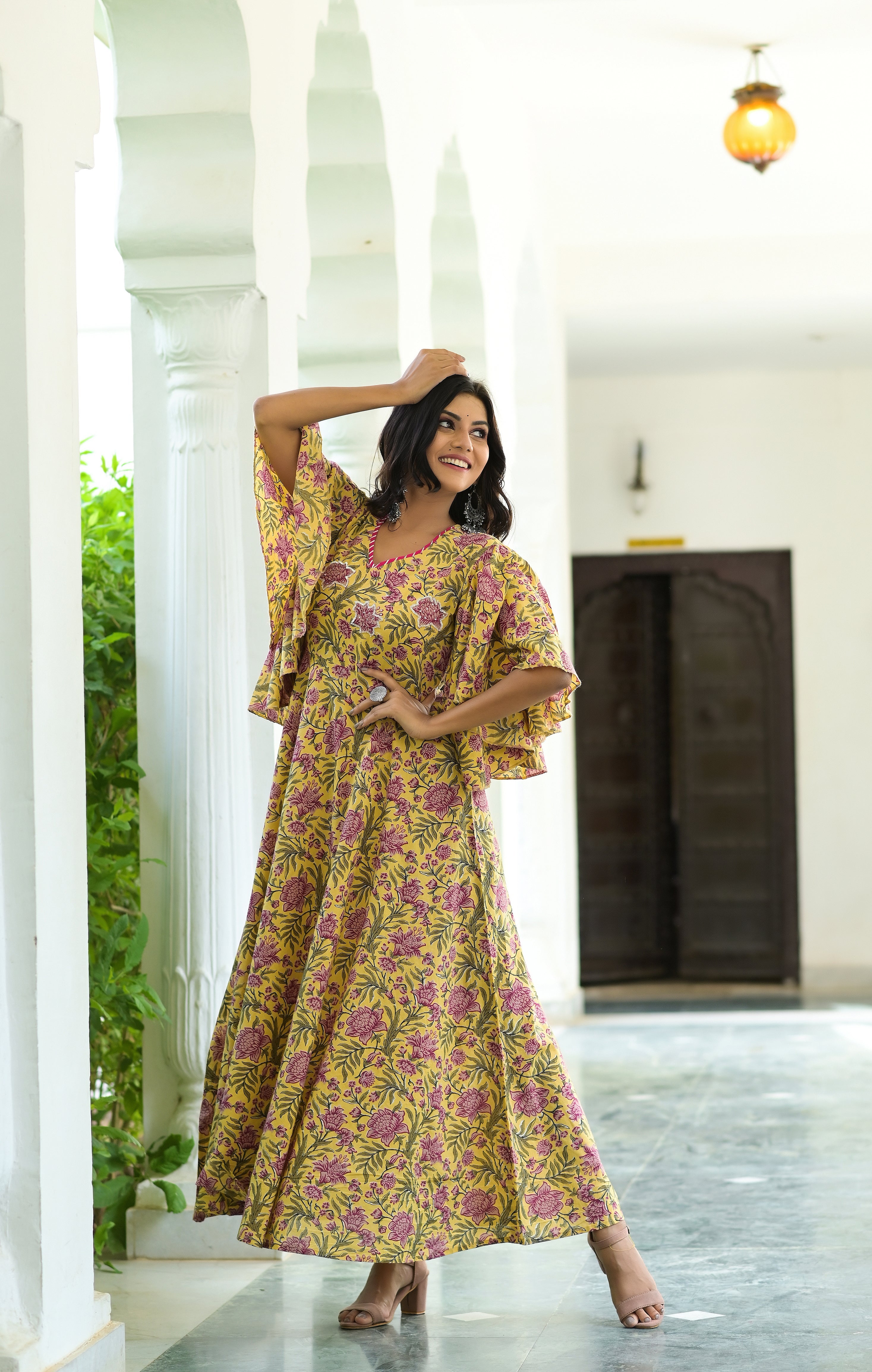 Women's Yellow Blush Printed Cotton Dress With Adda Work - Hatheli