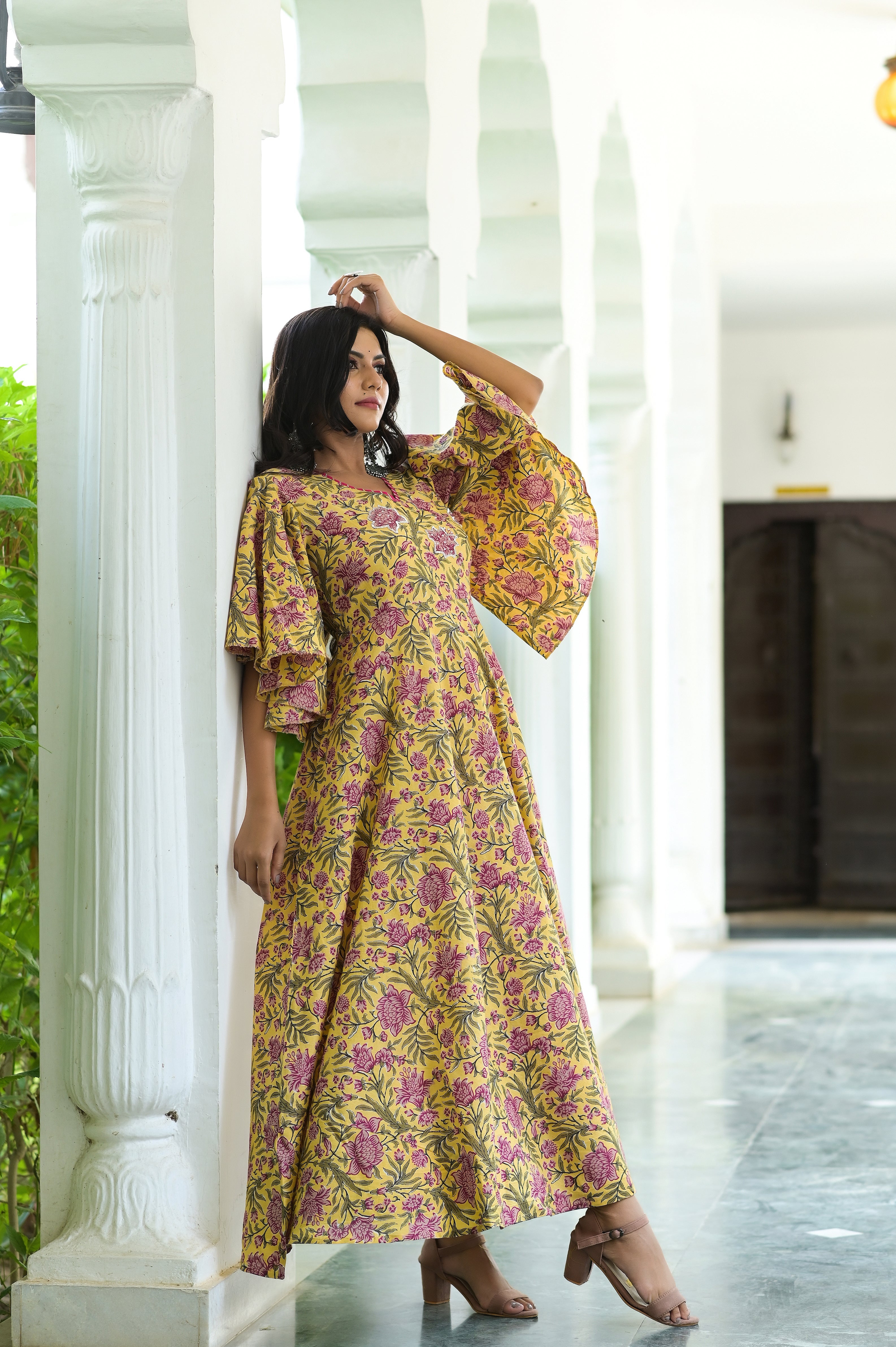 Women's Yellow Blush Printed Cotton Dress With Adda Work - Hatheli