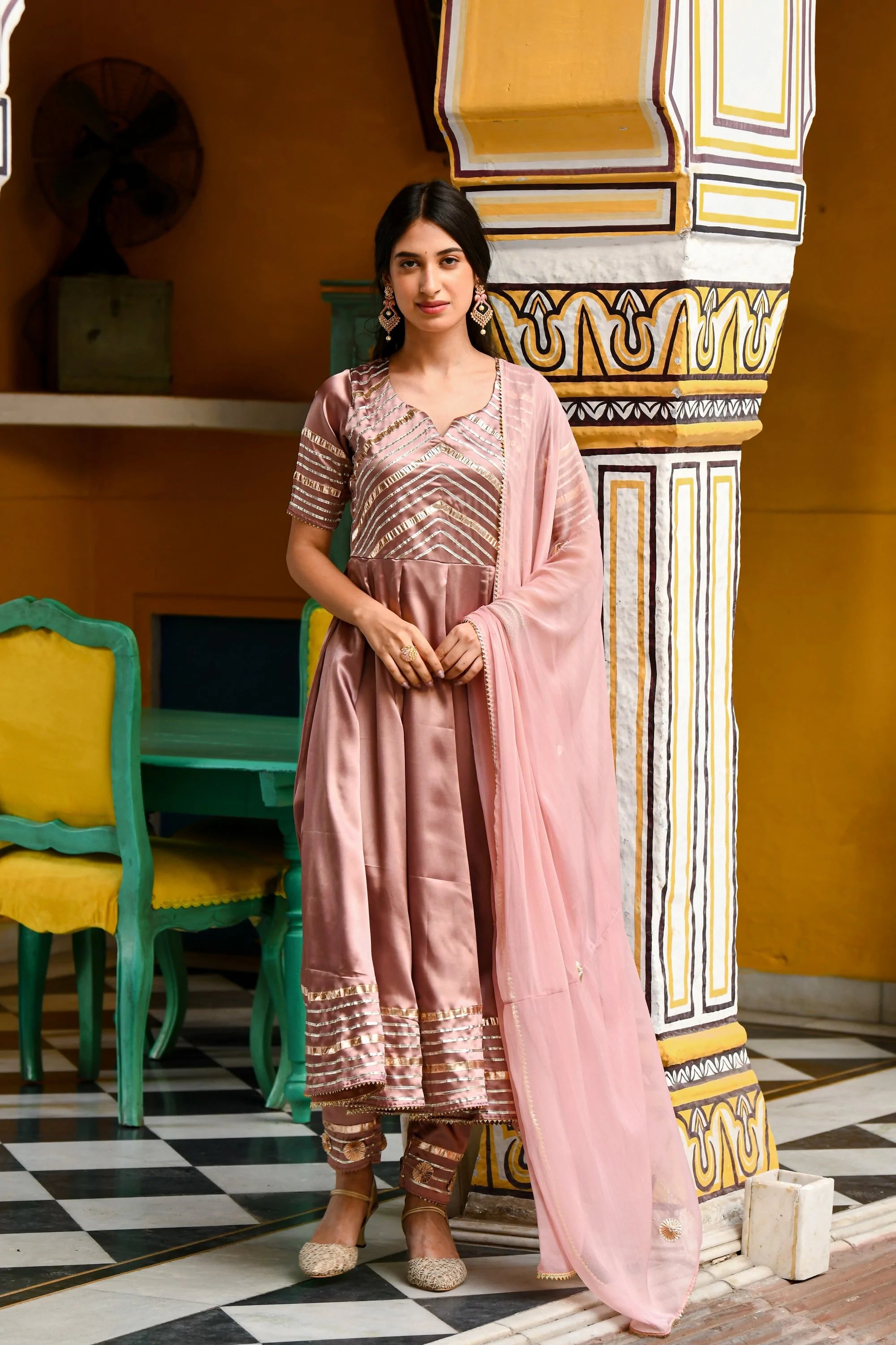 Women's Light Brown Satin Silk Anarkali Suit- 3Pc Set - Saras The Label