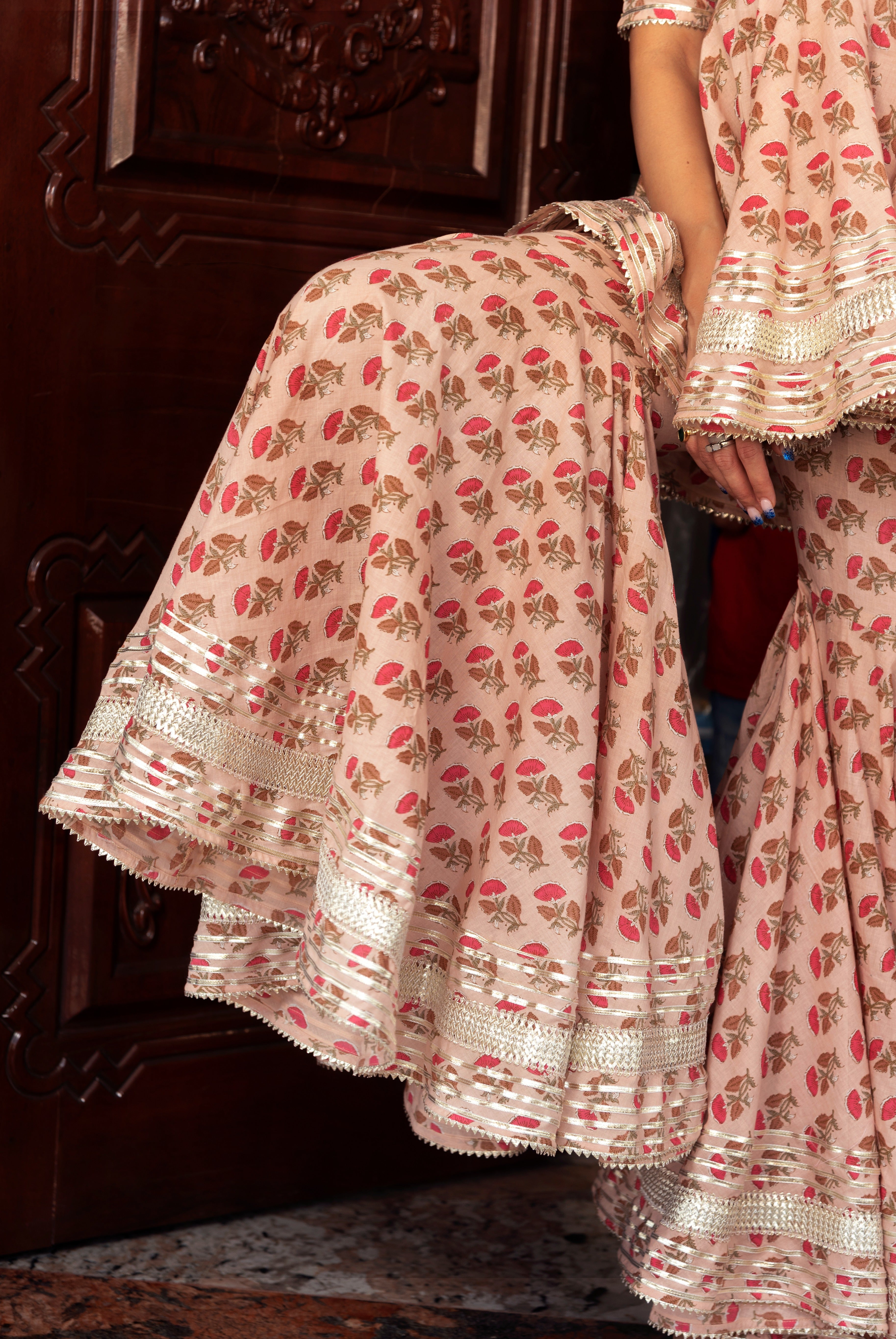 Women's Peach Hand Block Cotton Sharara Set - Pomcha Jaipur