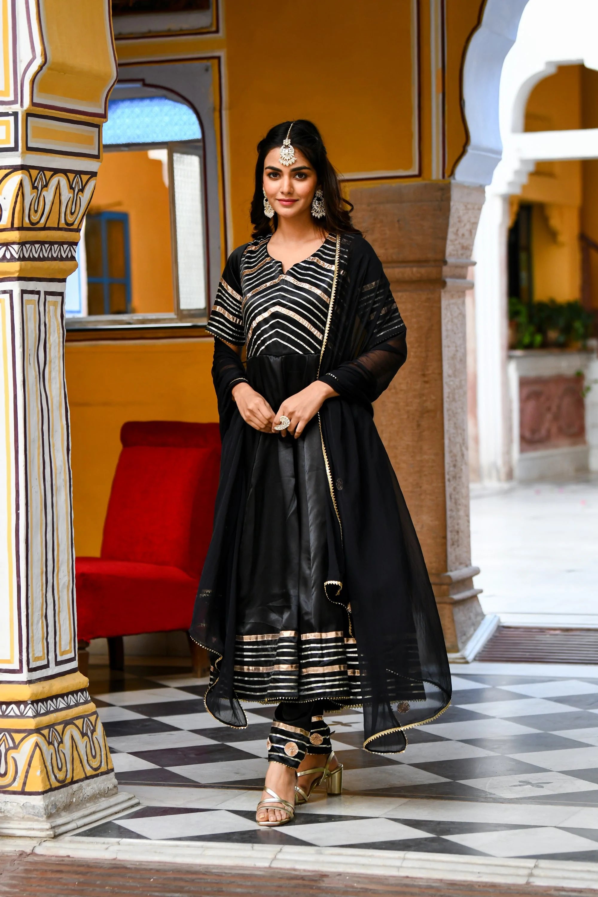 Women's Black Satin Silk Anarkali Kurta With Dupatta- 3Pc Set - Saras The Label