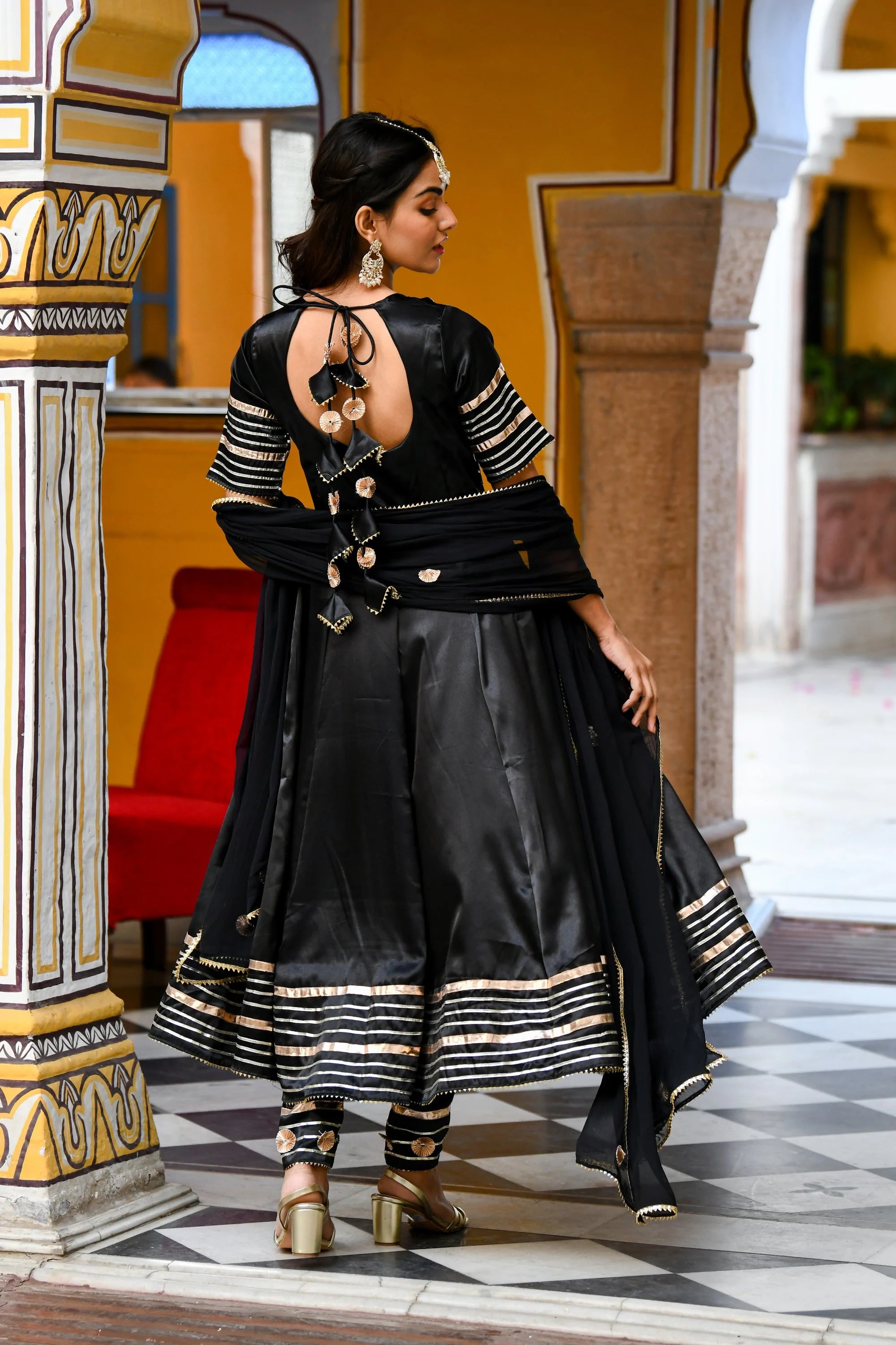 Women's Black Satin Silk Anarkali Kurta With Dupatta- 3Pc Set - Saras The Label