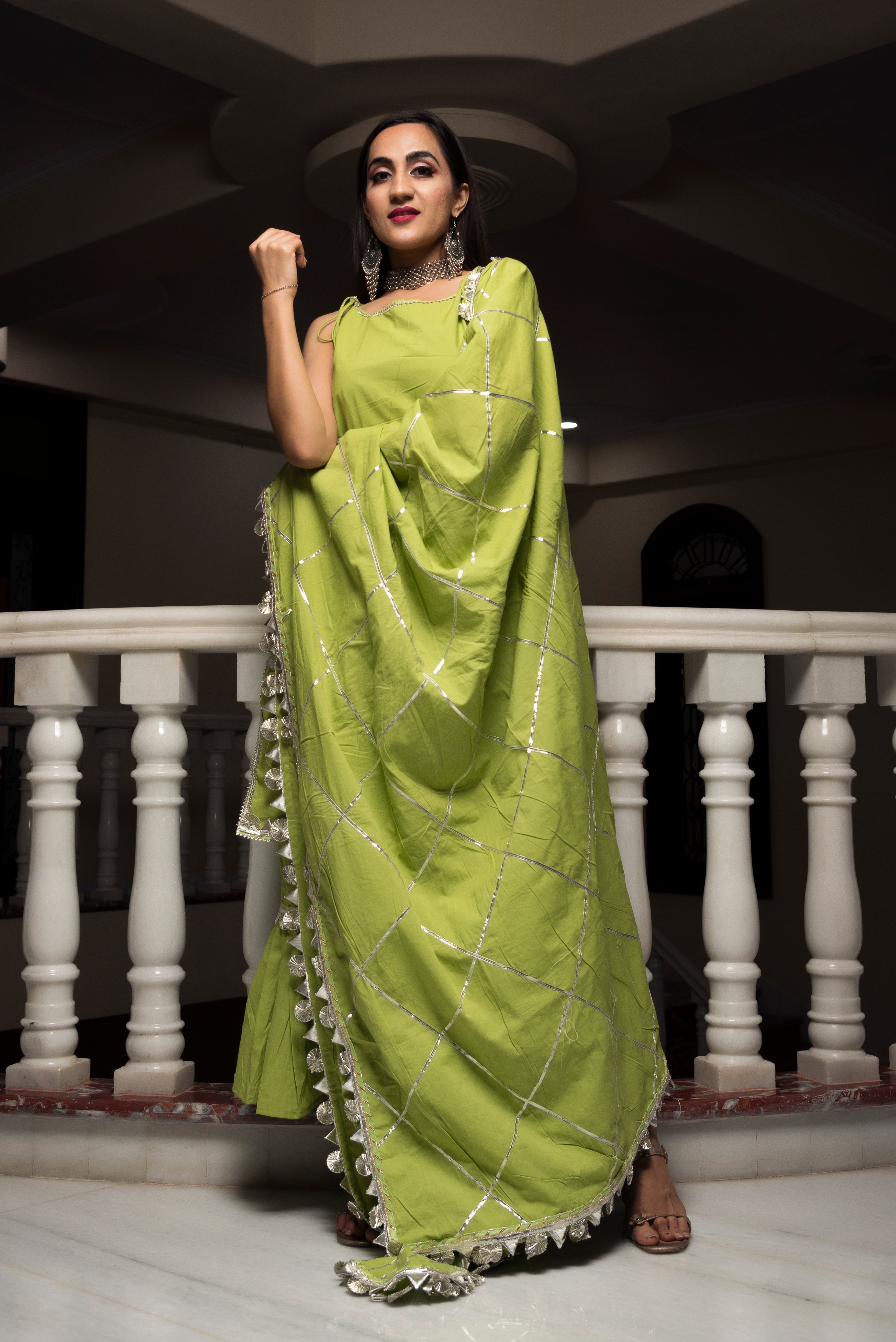Women's Gotta Jaal Green Cotton Sharara Set - Pomcha Jaipur