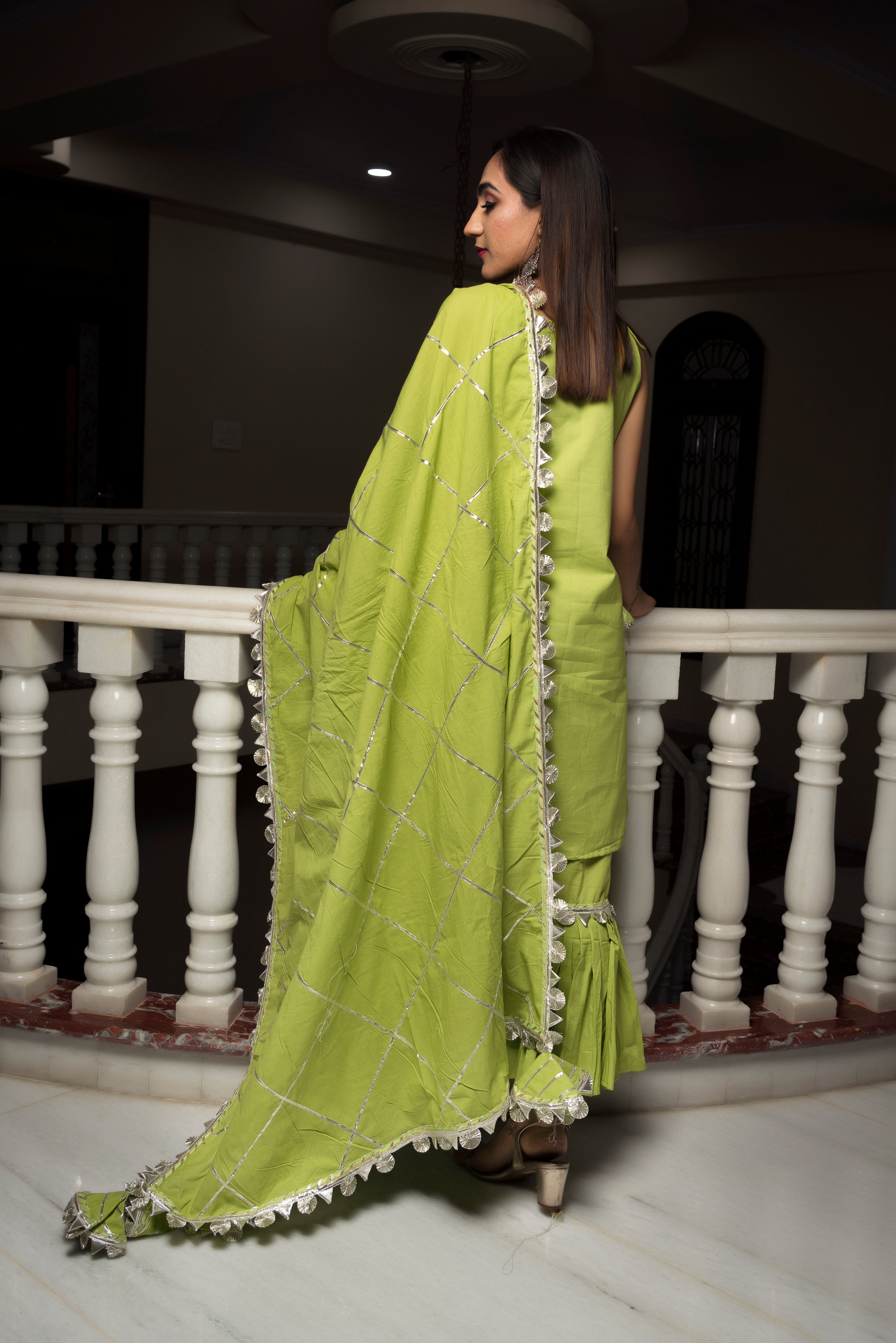 Women's Gotta Jaal Green Cotton Sharara Set - Pomcha Jaipur