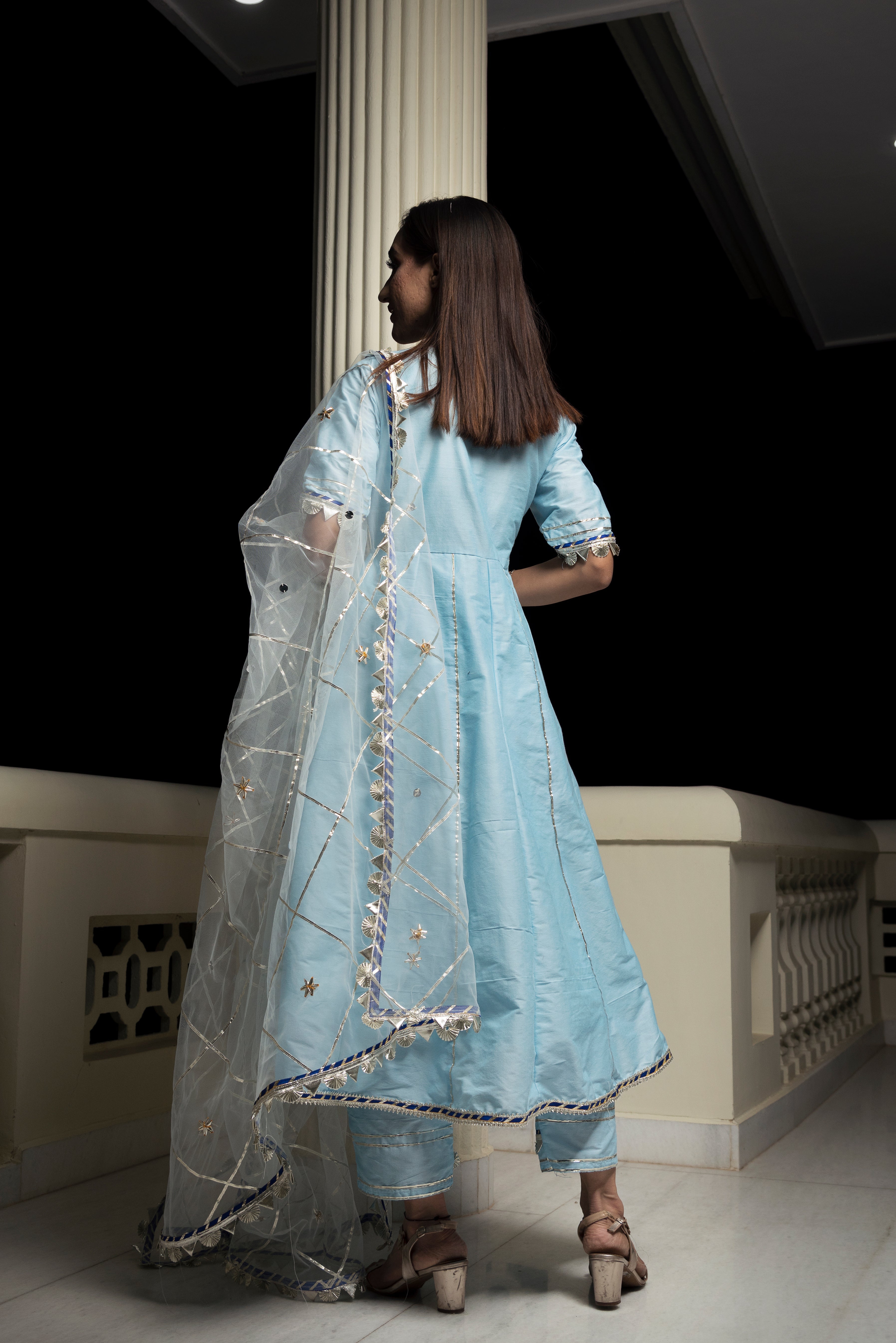 Women's Cotton Silk Blue Anarkali with Gotta Jaal Work - Pomcha Jaipur